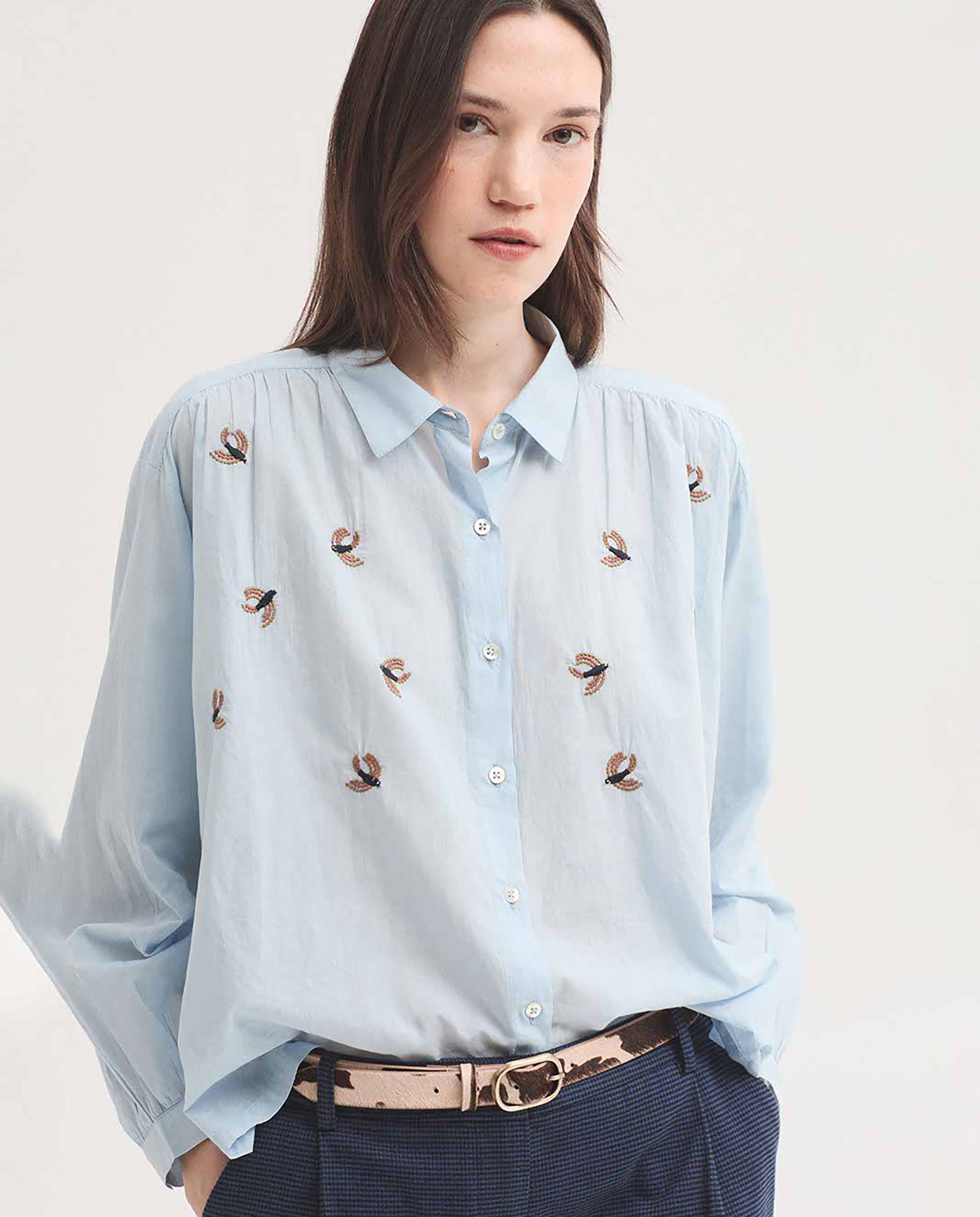 Camisa de mujer 100% algodón con bordados de pájaros - Nice Things - Azul claro Azul claro-5