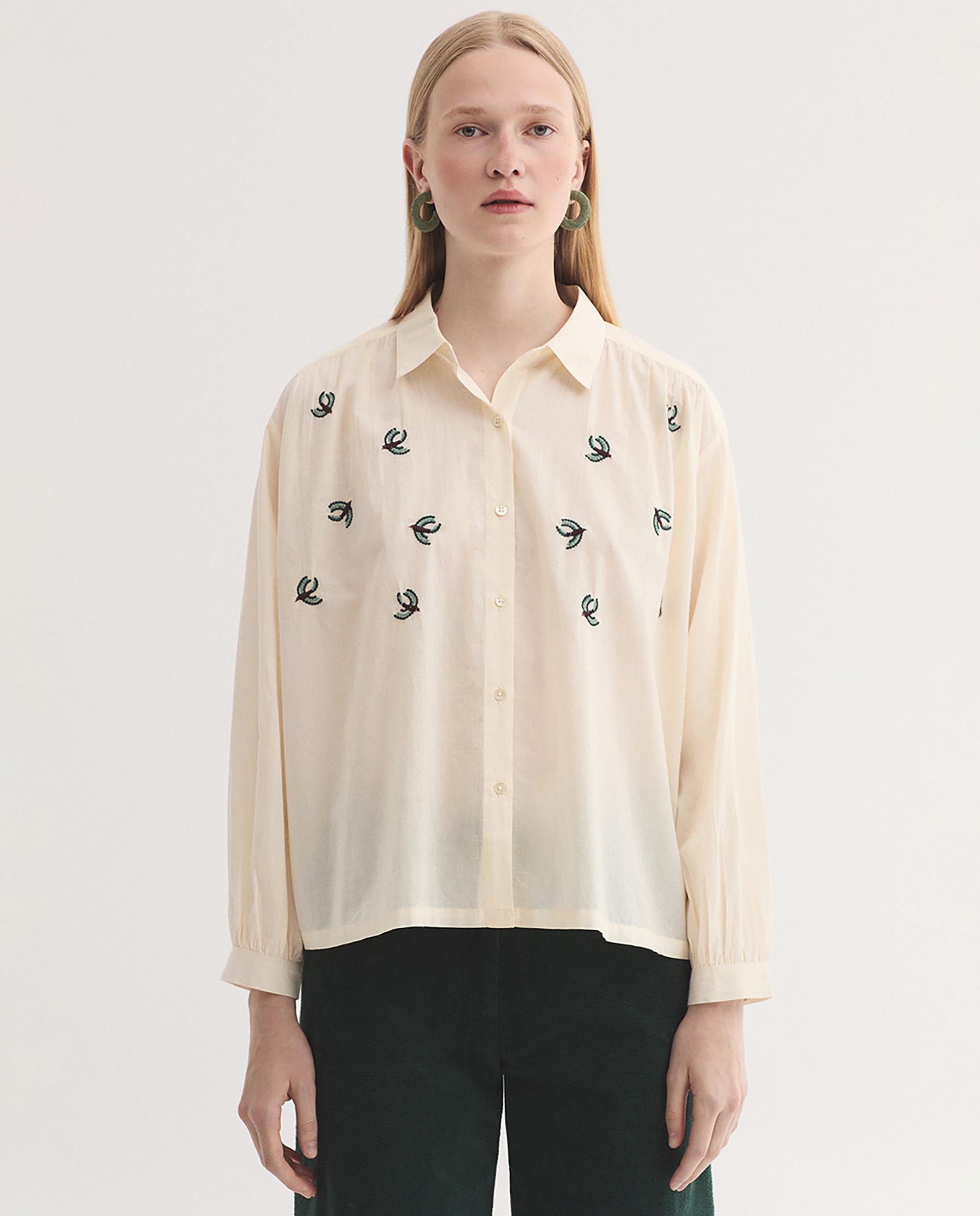 Camisa de mujer 100% algodón con bordados de pájaros - Nice Things - Crudo Crudo-1