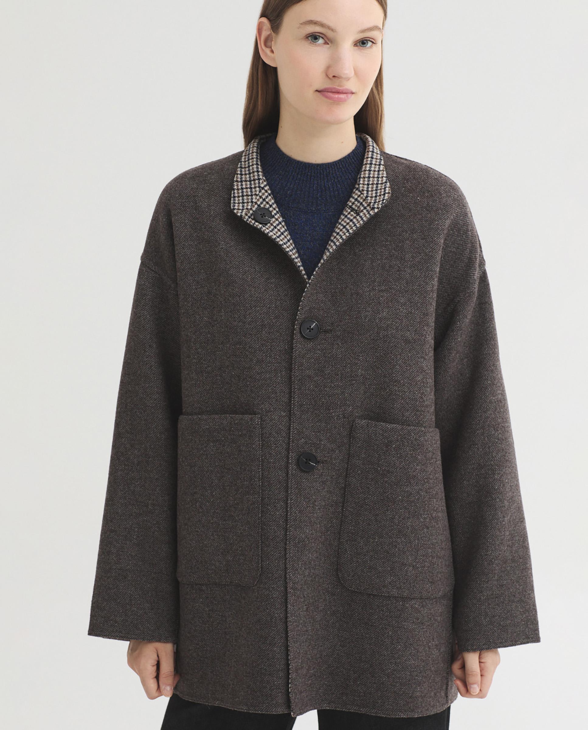 Abrigo de paño de mujer reversible de cuadros - Nice Things - Gris claro Gris claro-5