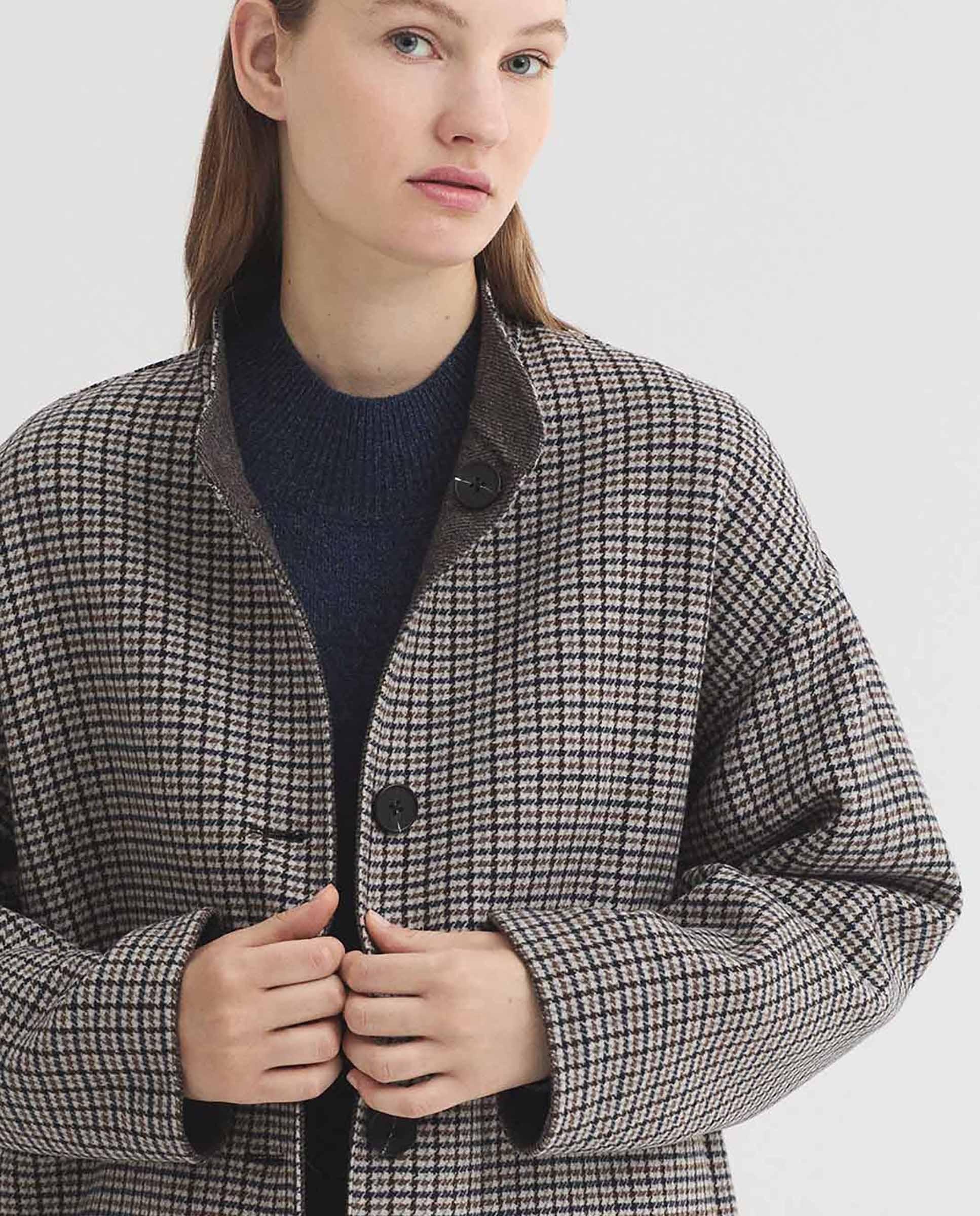 Abrigo de paño de mujer reversible de cuadros - Nice Things - Gris claro Gris claro-7