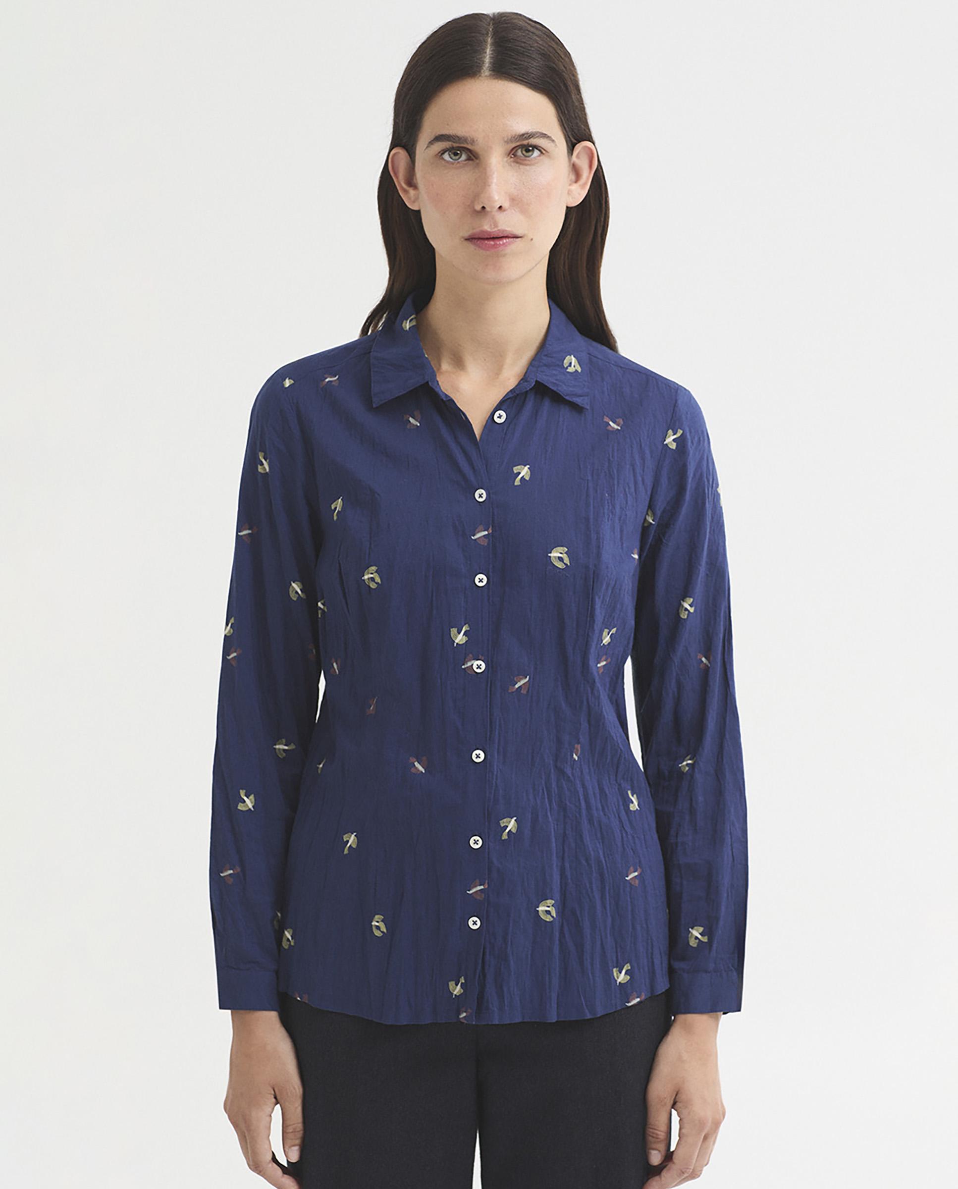 Imagen 0 de Camisa de mujer 100% algodón con estampado de pájaros Azul