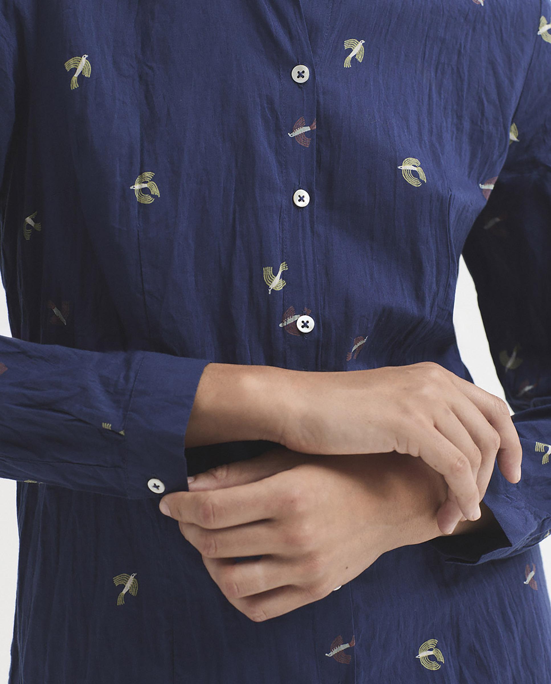 Camisa de mujer 100% algodón con estampado de pájaros - Nice Things - Azul Azul-3