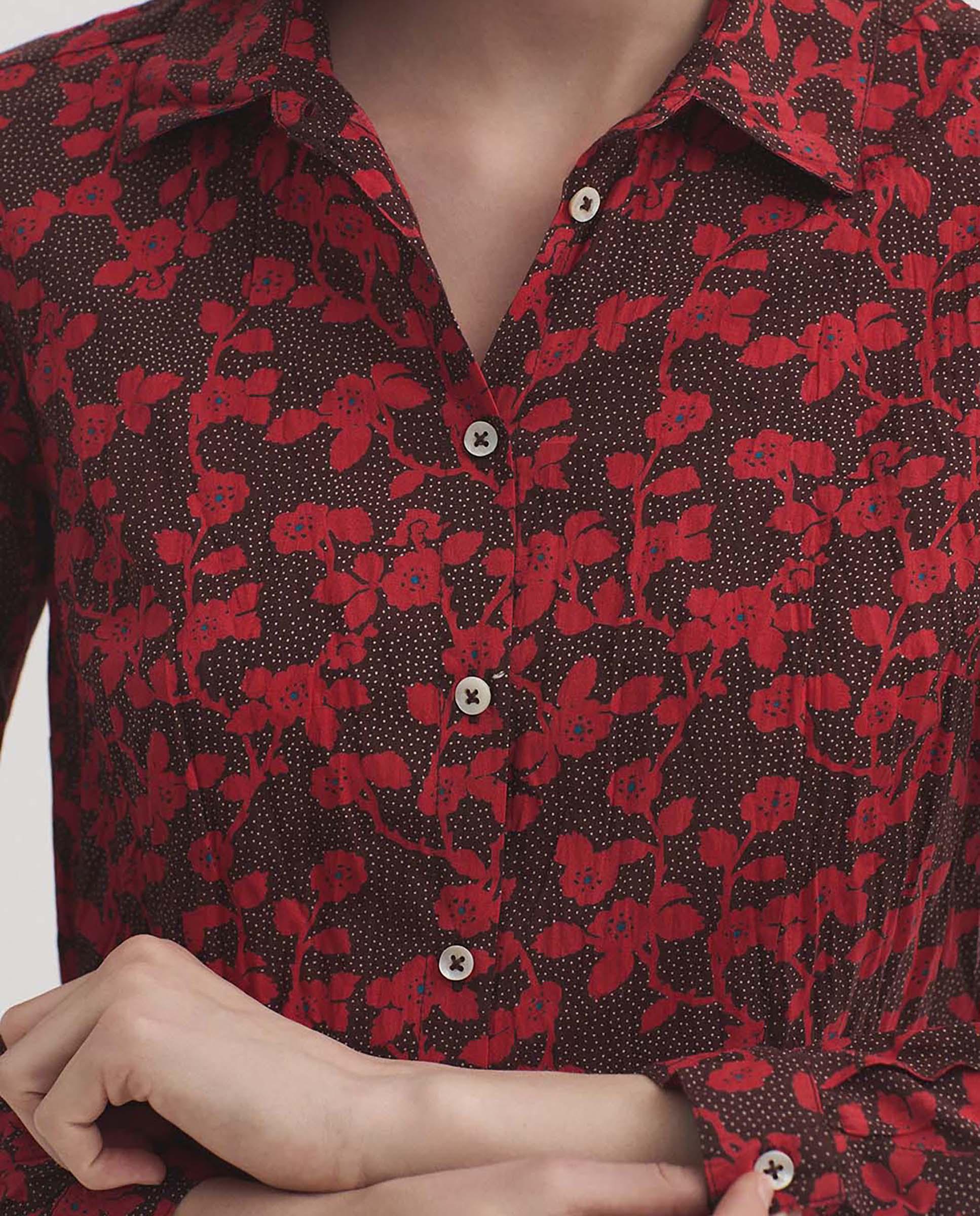Camisa de mujer 100% algodón con estampado de flores - Nice Things - Rojo Rojo-3