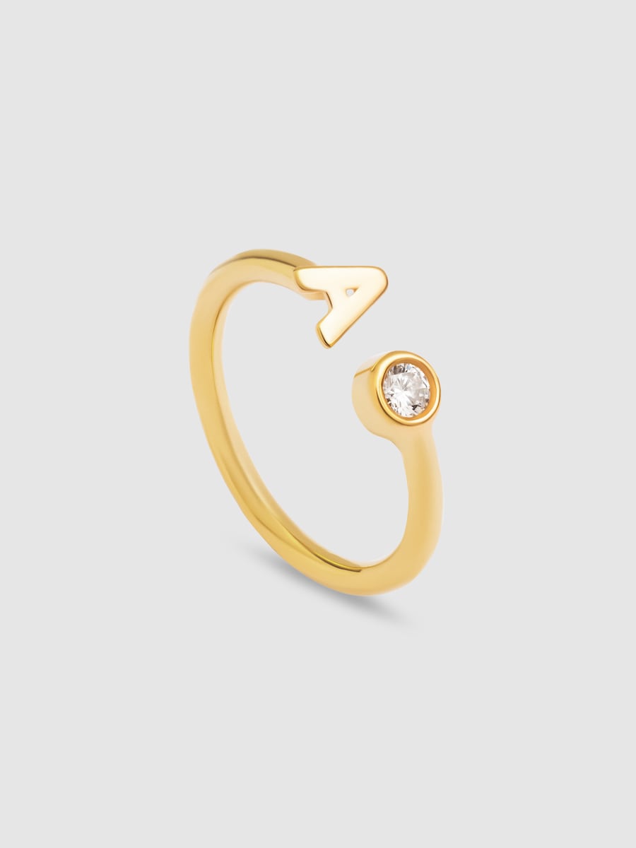 Anillo personalizado Letter Diamond de plata bañado en oro letra J Blanco-3