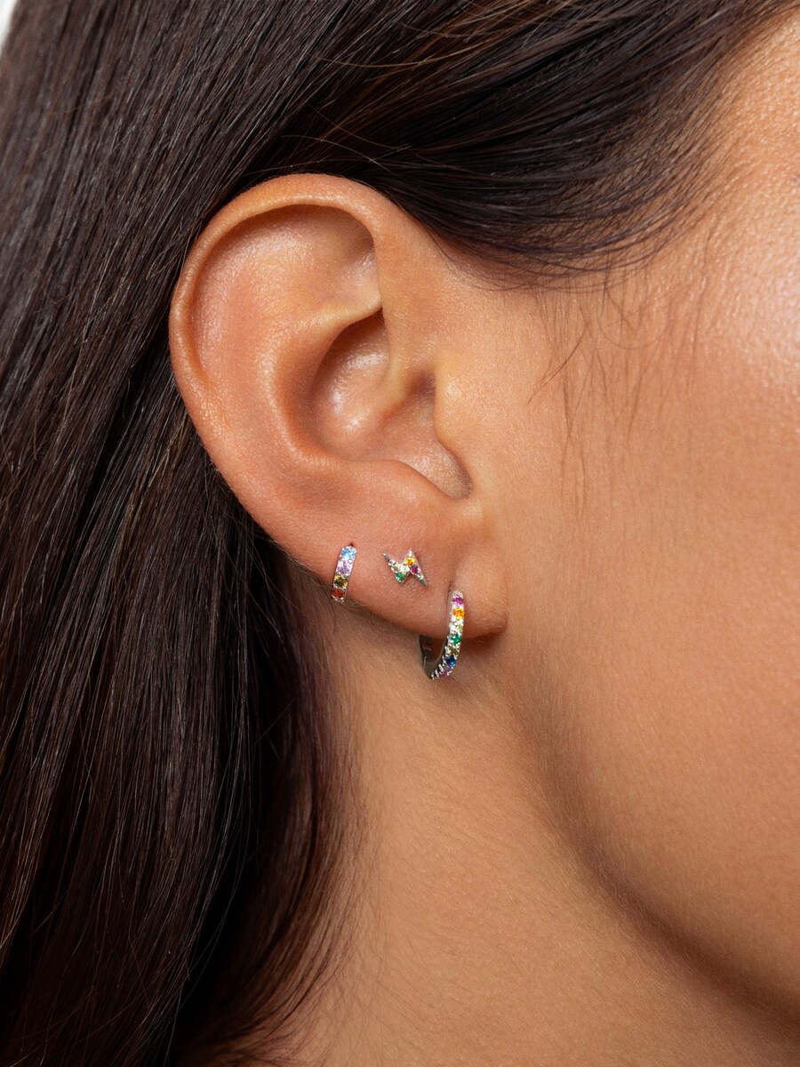Pendiente individual aro Cleo de plata bañado en rodio Multicolor-4