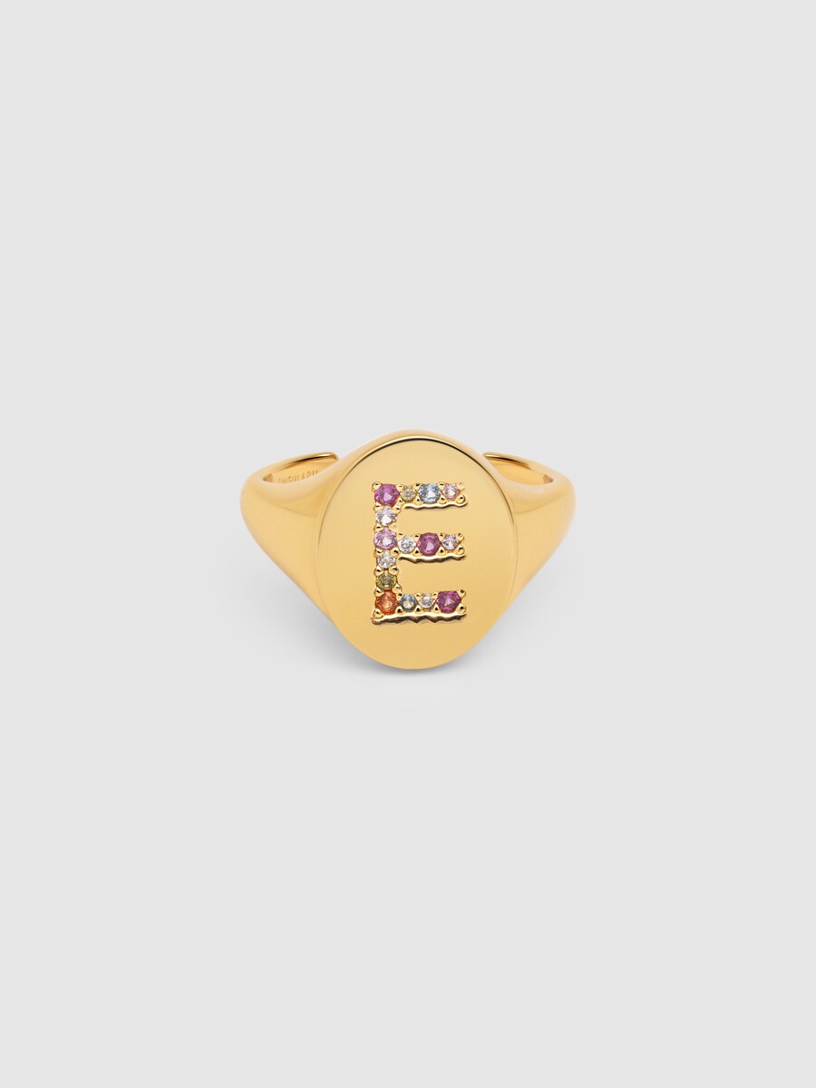 Anillo Personalizado Signet Letter Colors de aleación de metales bañado en oro letra E Multicolor-1