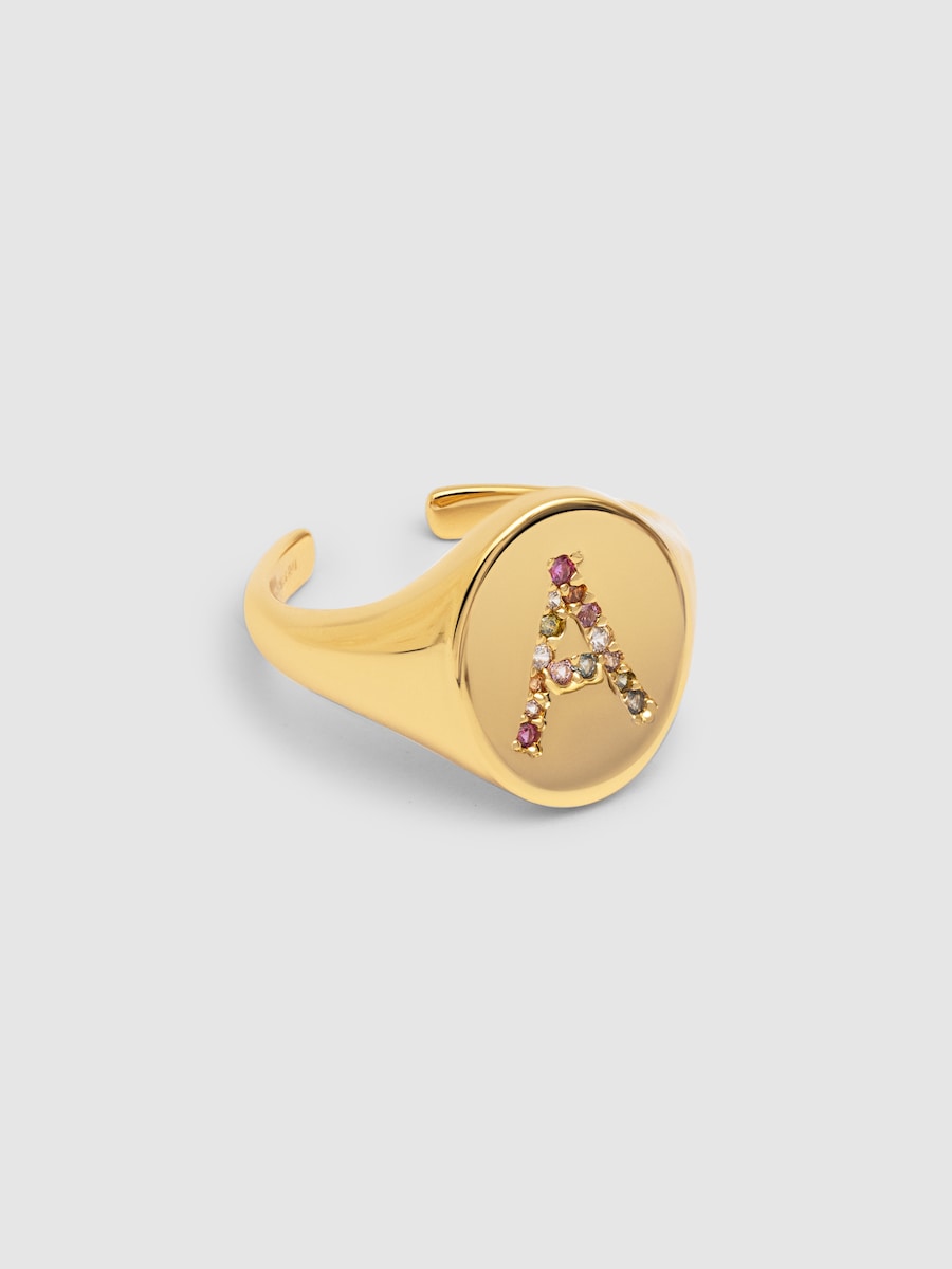 Anillo Personalizado Signet Letter Colors de aleación de metales bañado en oro letra E Multicolor-3