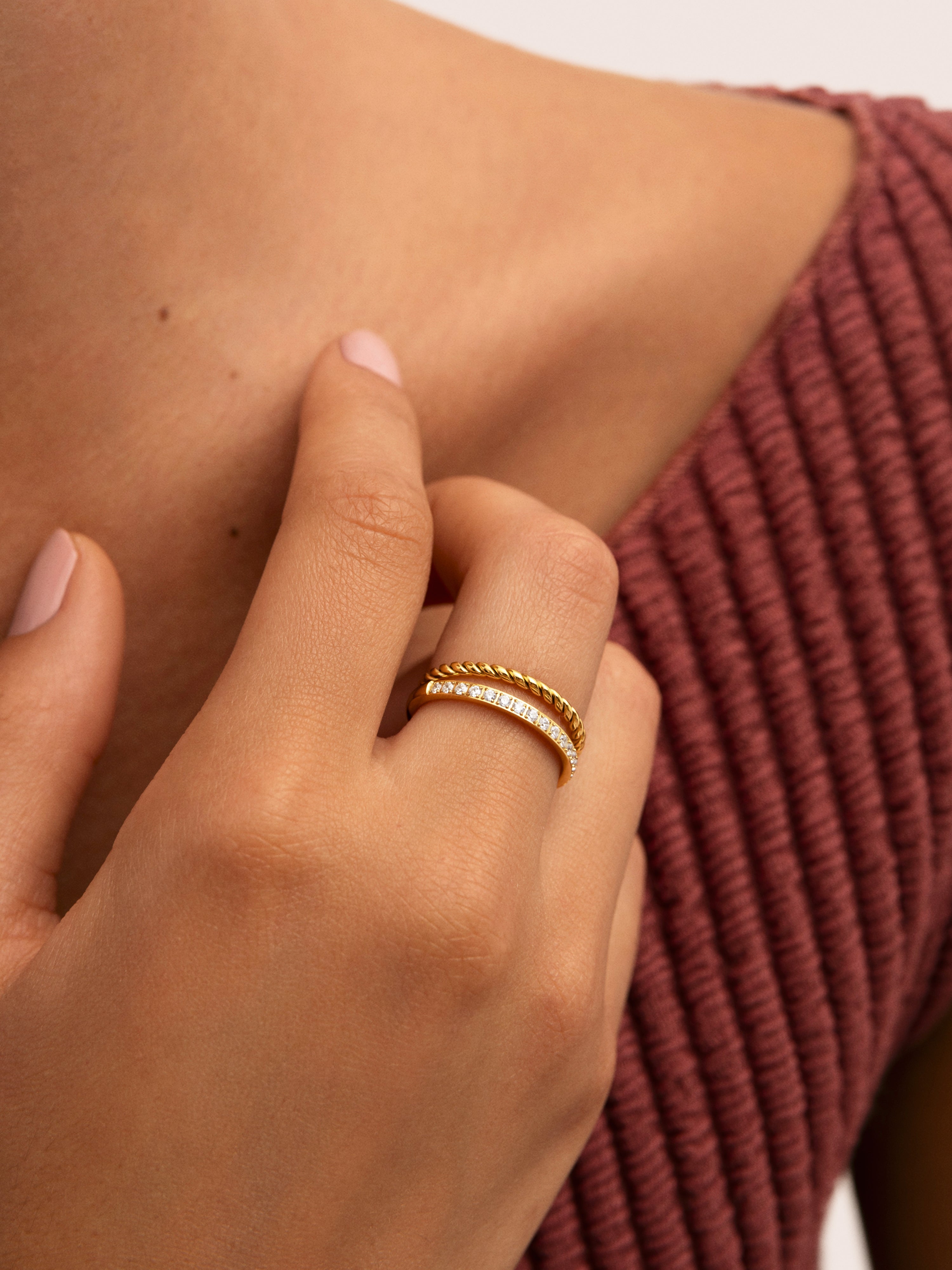 Anillo doble tressia spark de acero bañado en oro - Singularu - Dorado Dorado-3