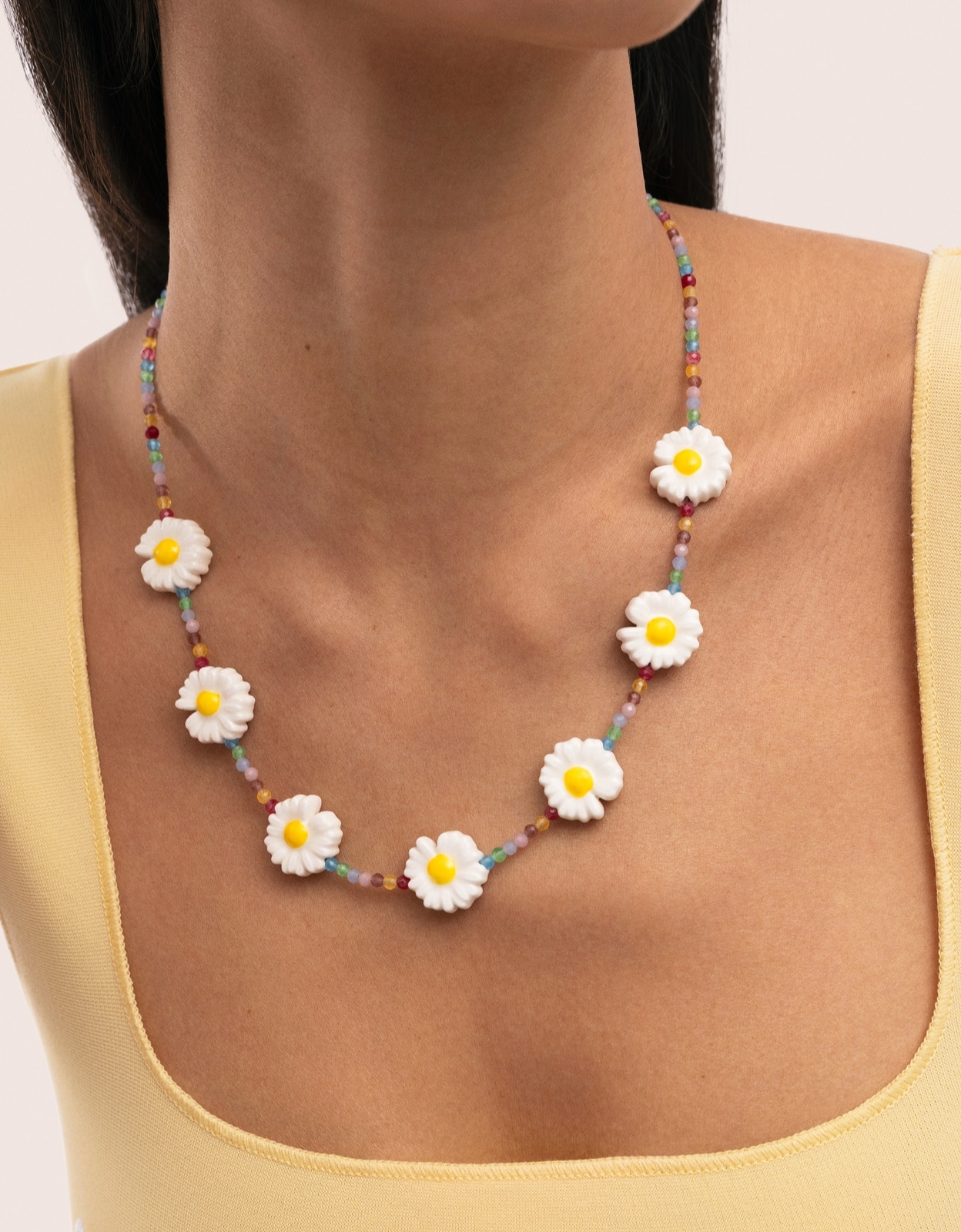 Collar long margarita de acero bañado en oro - Singularu - Blanco Blanco-2