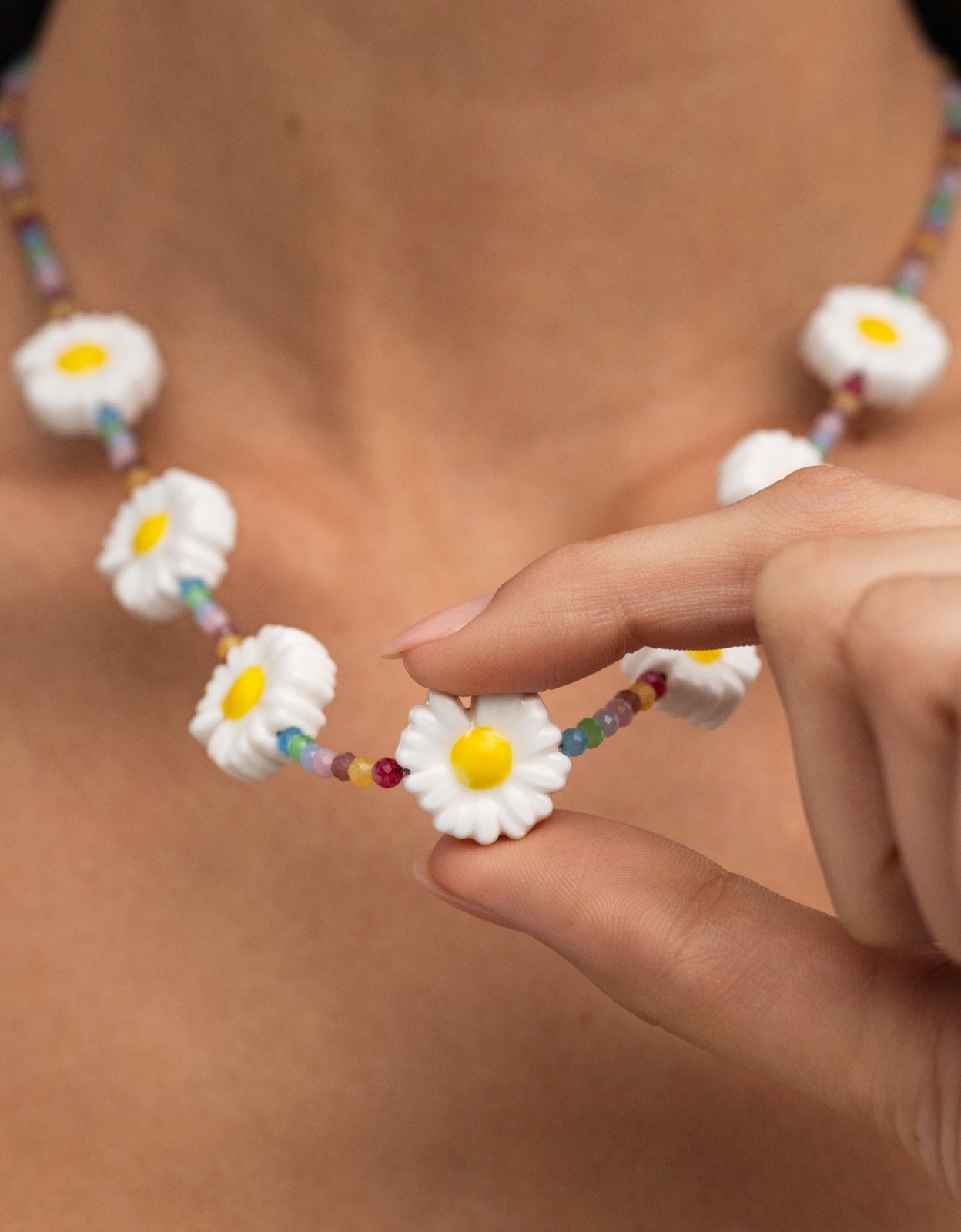 Collar long margarita de acero bañado en oro - Singularu - Blanco Blanco-5