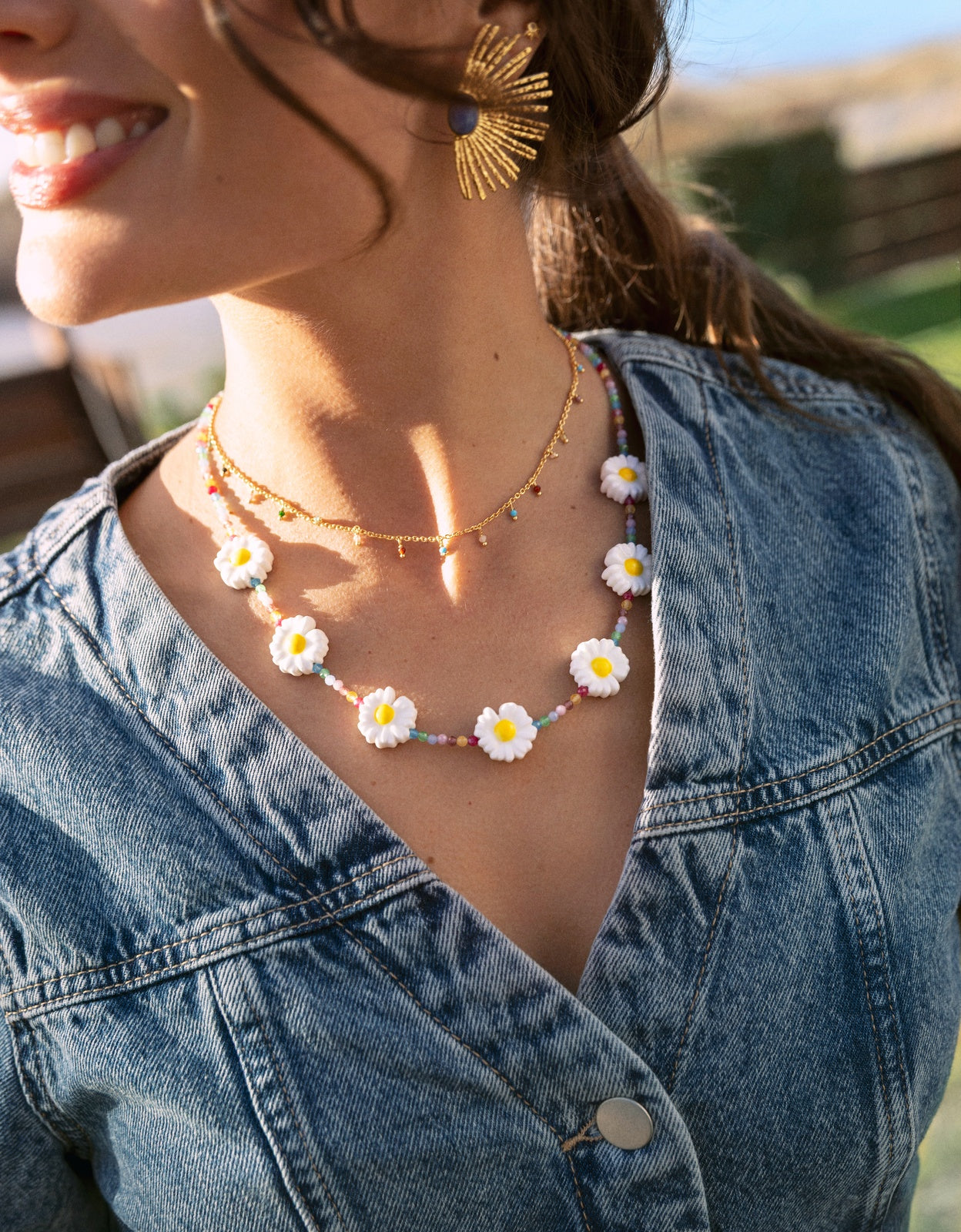 Collar long margarita de acero bañado en oro - Singularu - Blanco Blanco-6