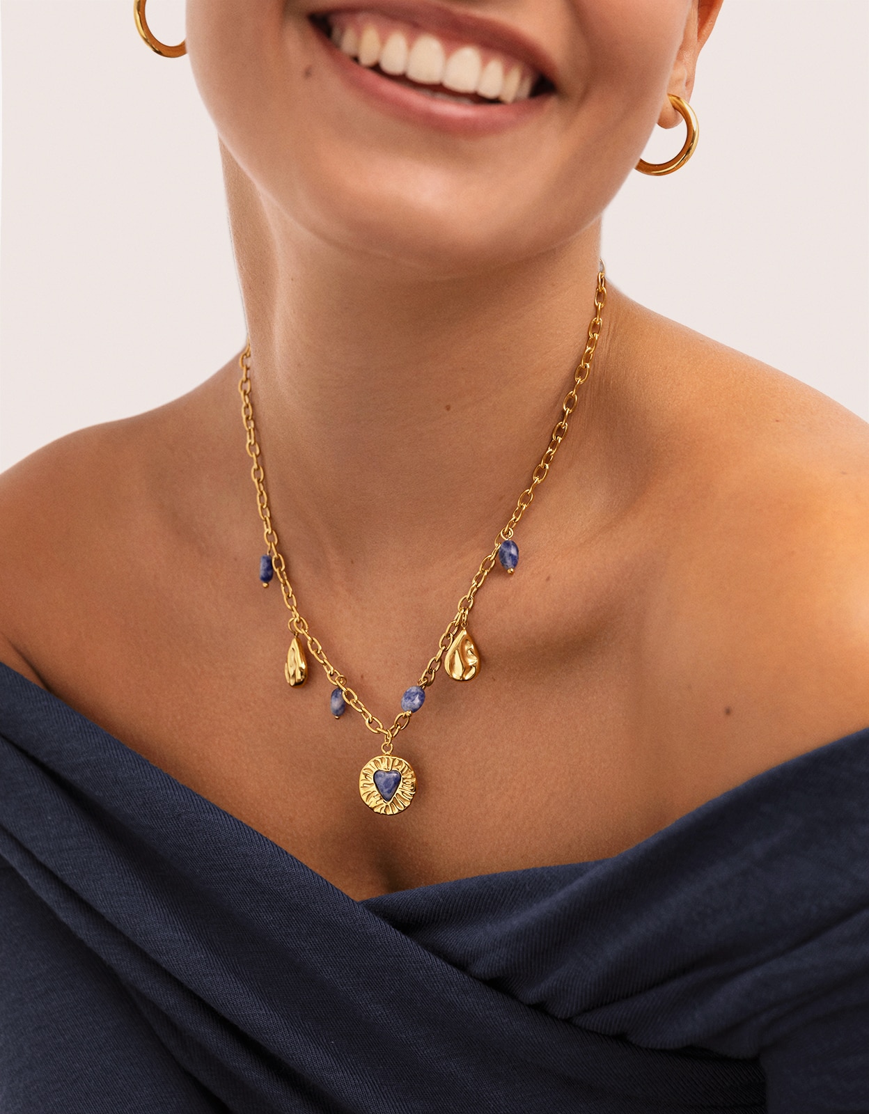 Collar multicharms denim cianita de acero bañado en oro - Singularu - Azul Azul-3