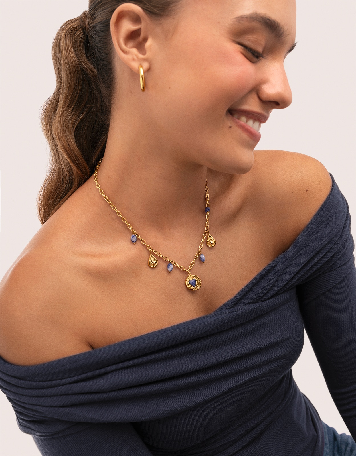 Collar multicharms denim cianita de acero bañado en oro - Singularu - Azul Azul-6