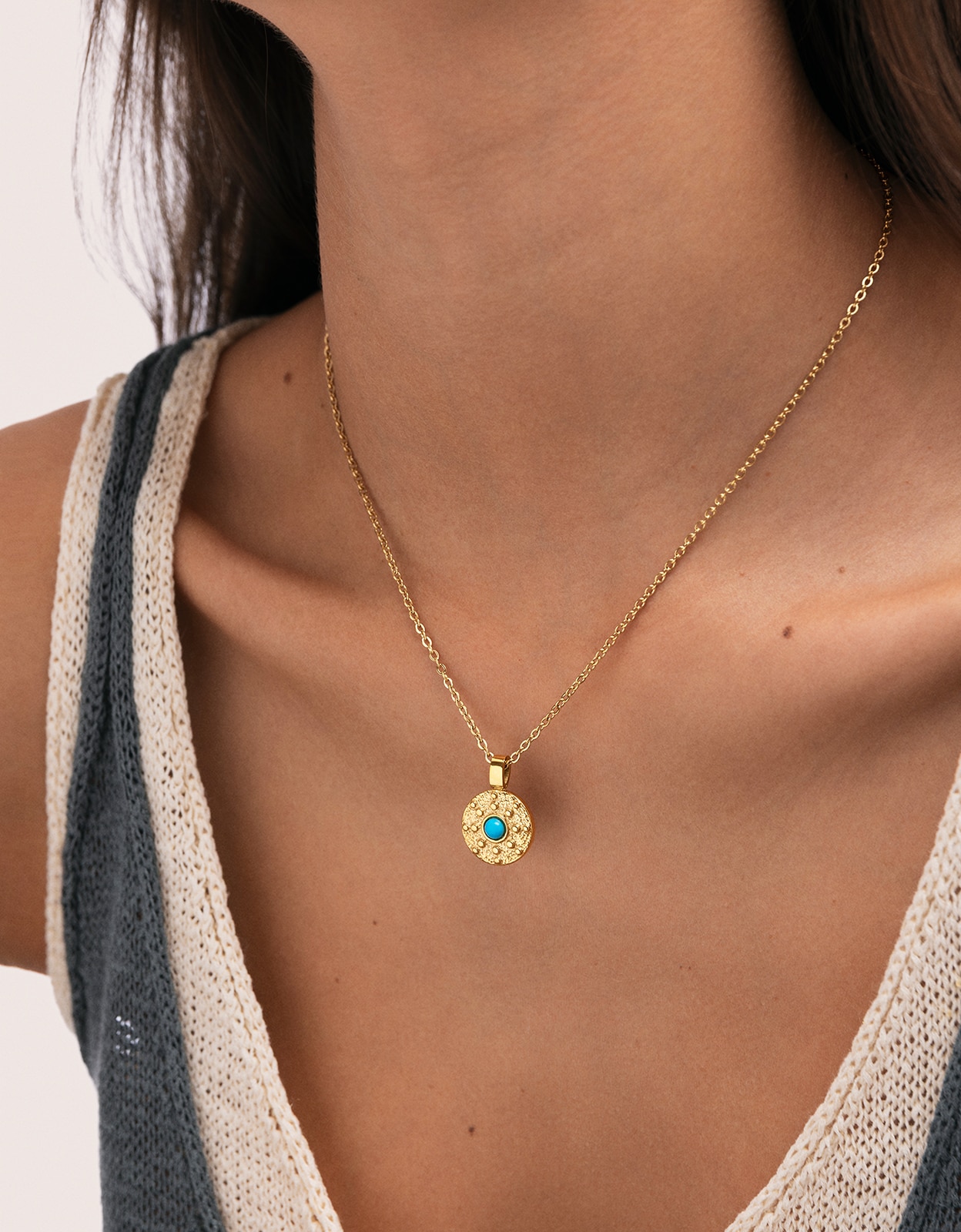 Collar medallion aqua de acero bañado en oro - Singularu - Azul Azul-2