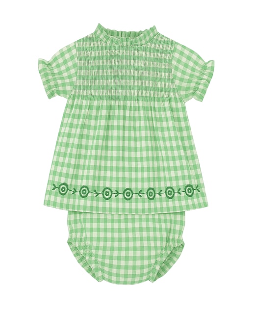 Imagen 0 de Conjunto de bebé niña de Jesusito vichy con bordado floral y cubrepañal