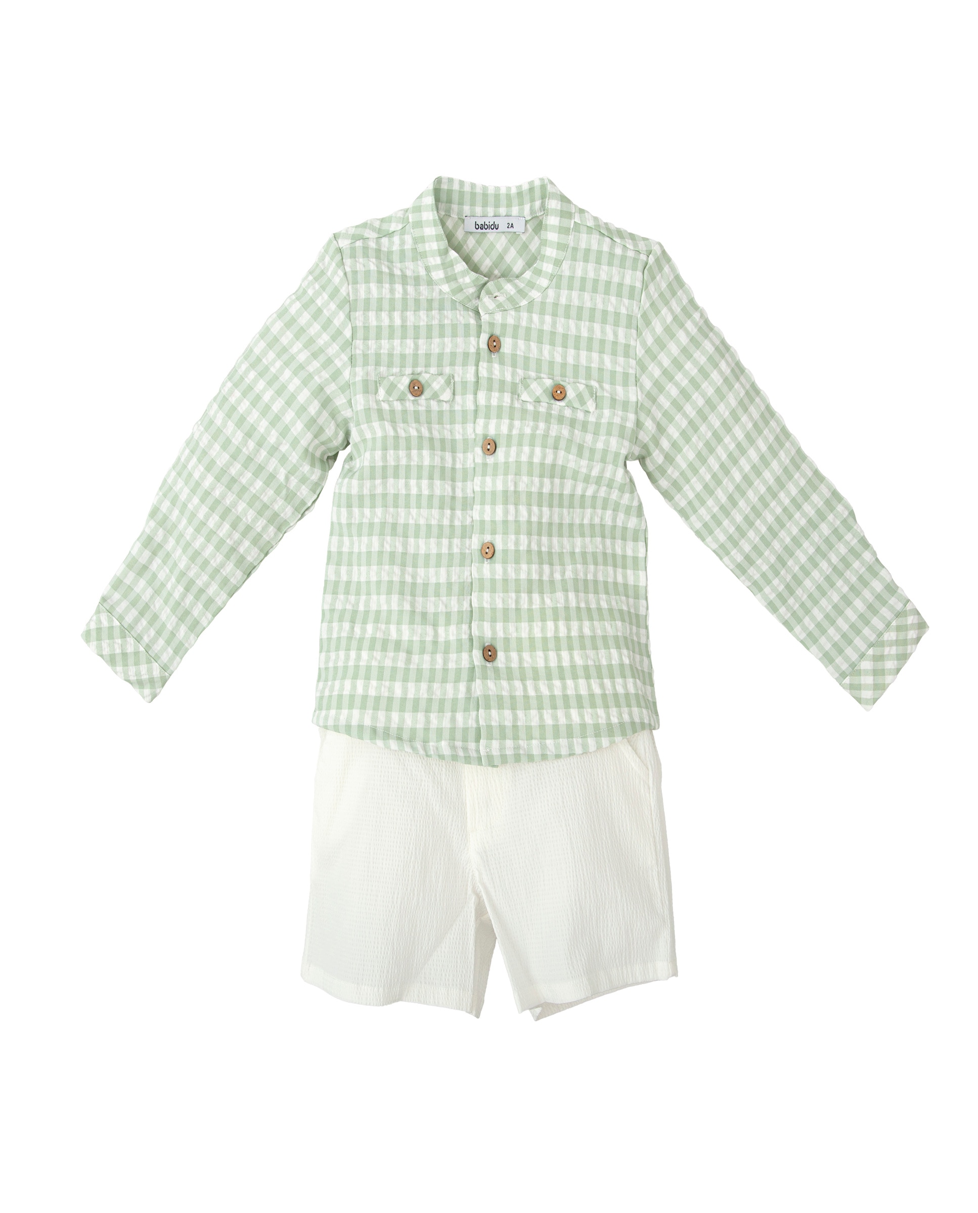 Imagen 1 de Conjunto de niño de camisa vichy y bermuda liso - BABIDÚ - Blanco / Verde Blanco / Verde