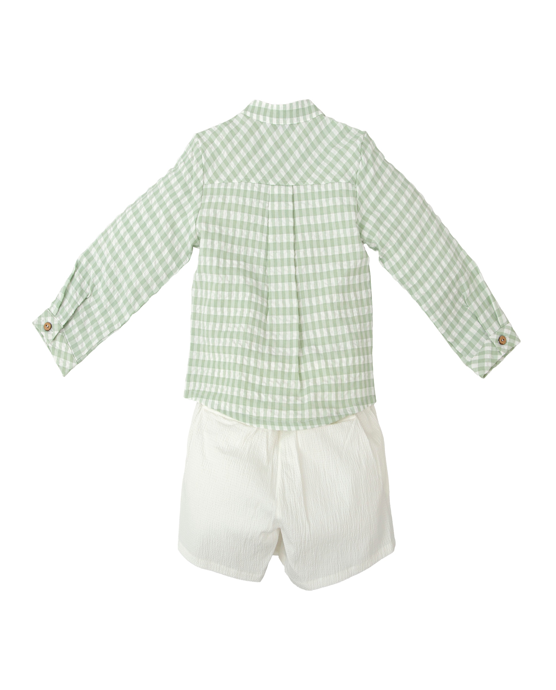 Imagen 2 de Conjunto de niño de camisa vichy y bermuda liso - BABIDÚ - Blanco / Verde Blanco / Verde