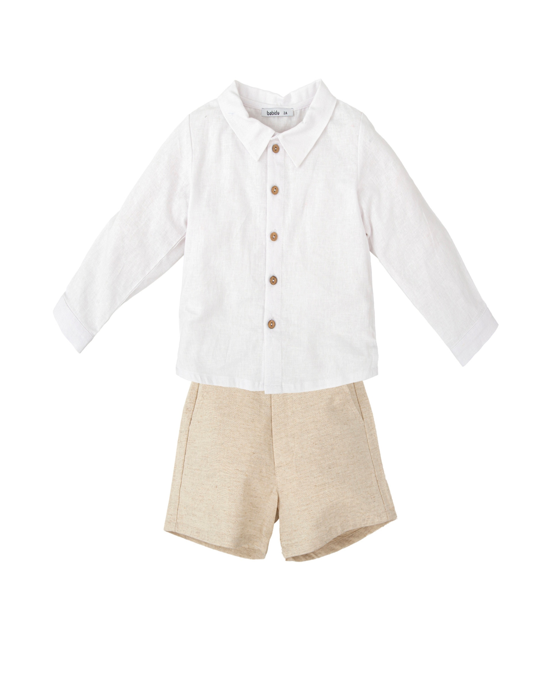 Imagen 1 de Conjunto de niño de camisa de manga larga y pantalón corto liso Beige / Blanco