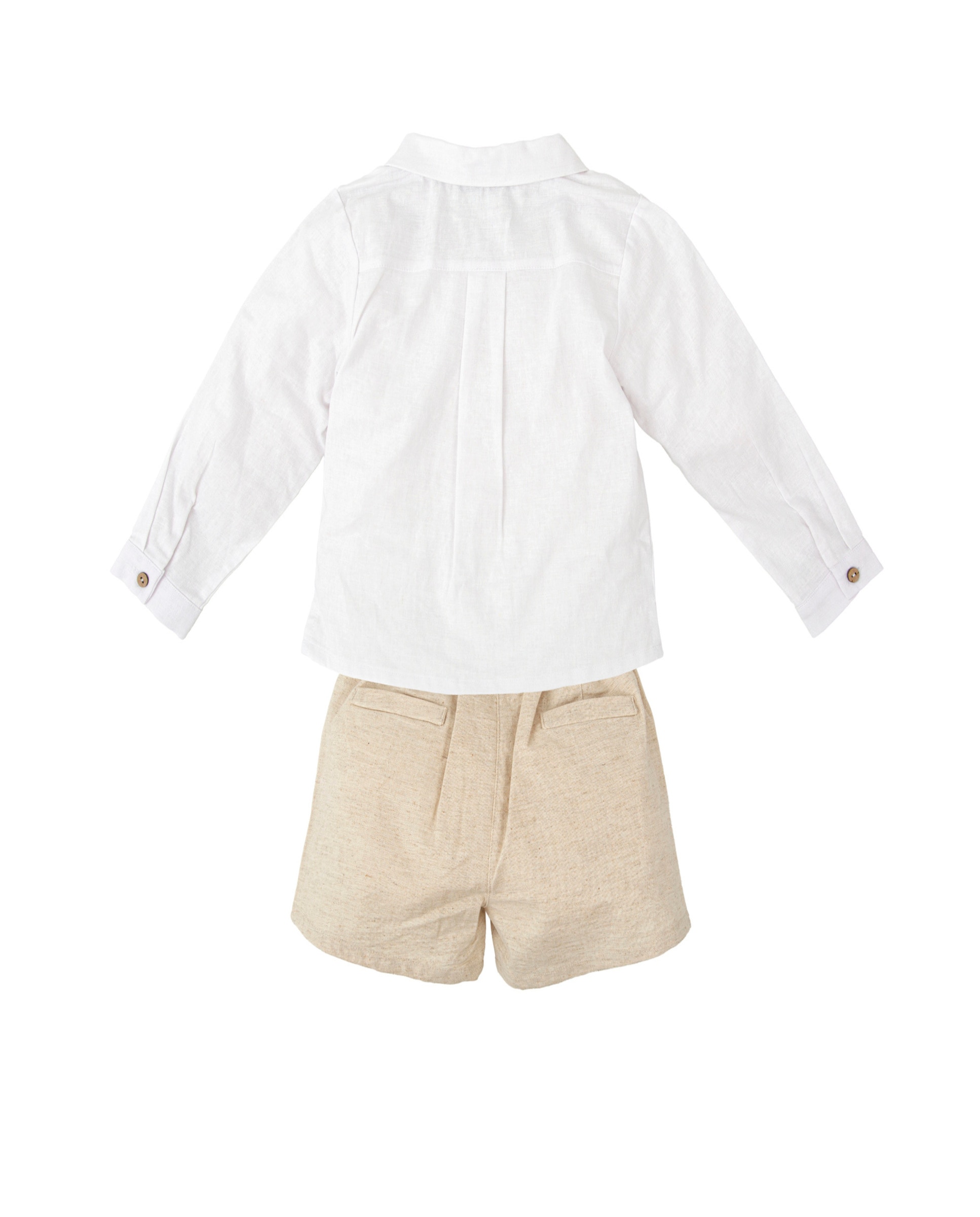 Imagen 2 de Conjunto de niño de camisa de manga larga y pantalón corto liso - BABIDÚ - Beige / Blanco Beige / Blanco