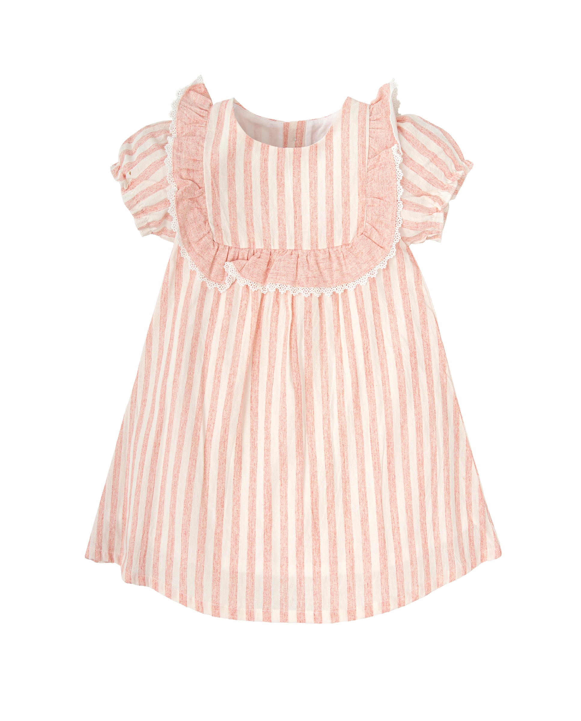 Imagen 0 de Vestido de niña a rayas con volantes y puntilla Rosa / Blanco