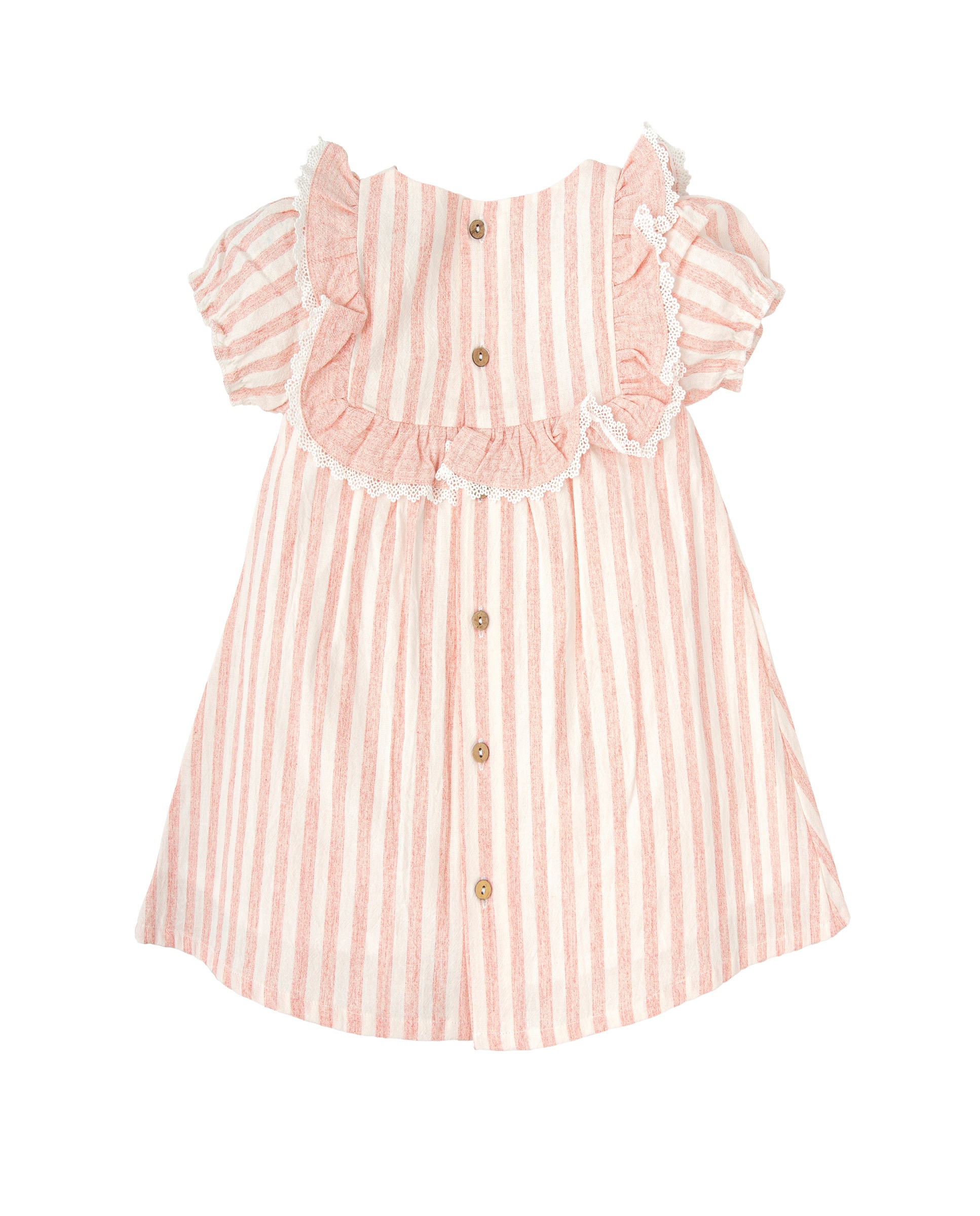 Vestido de niña a rayas con volantes y puntilla - BABIDÚ - Rosa / Blanco Rosa / Blanco-2