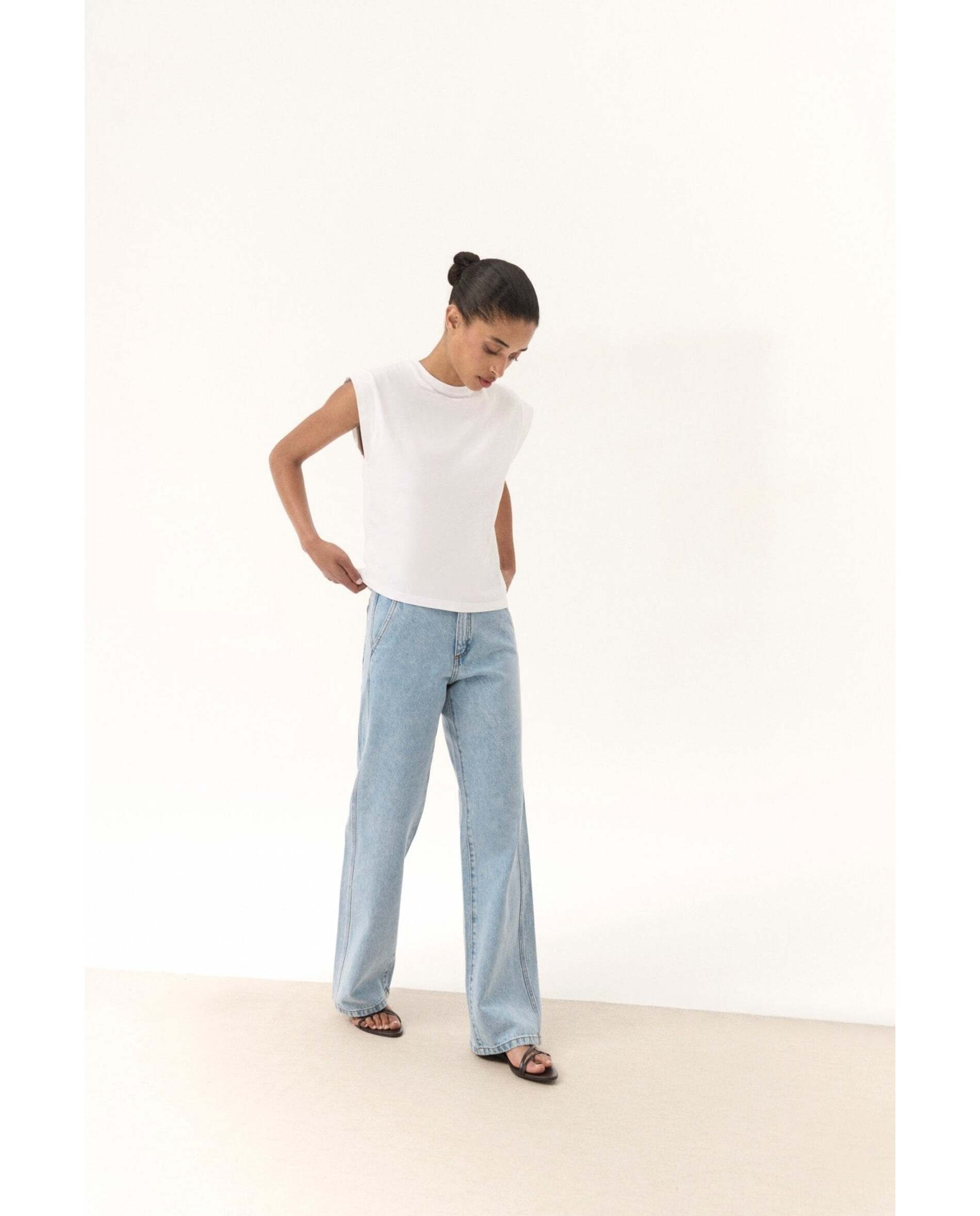 Pantalón de mujer de corte recto y tiro alto - Bimani - Azul Azul-2