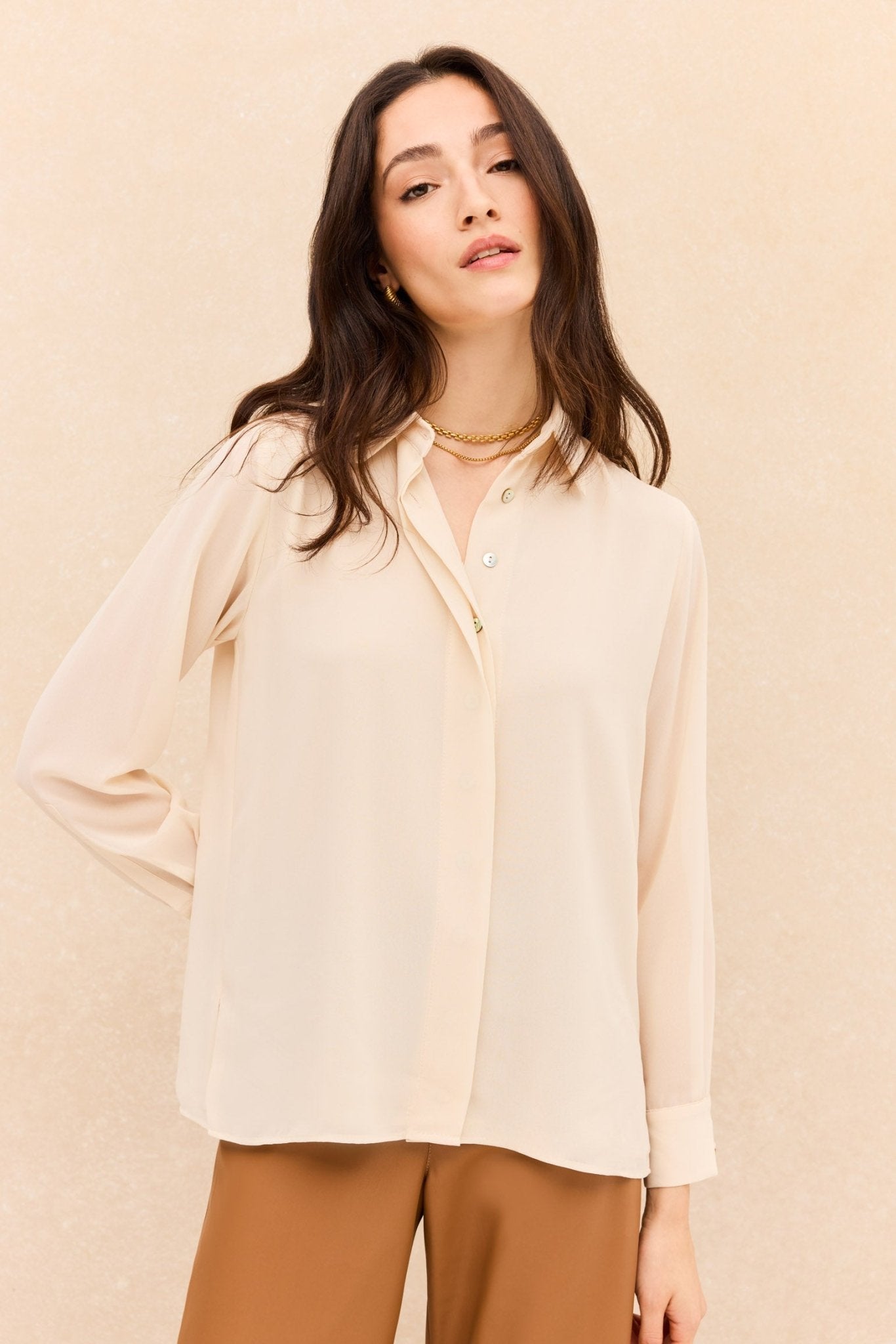 Blusa de mujer larga y tejido bimani - Beige Beige-1