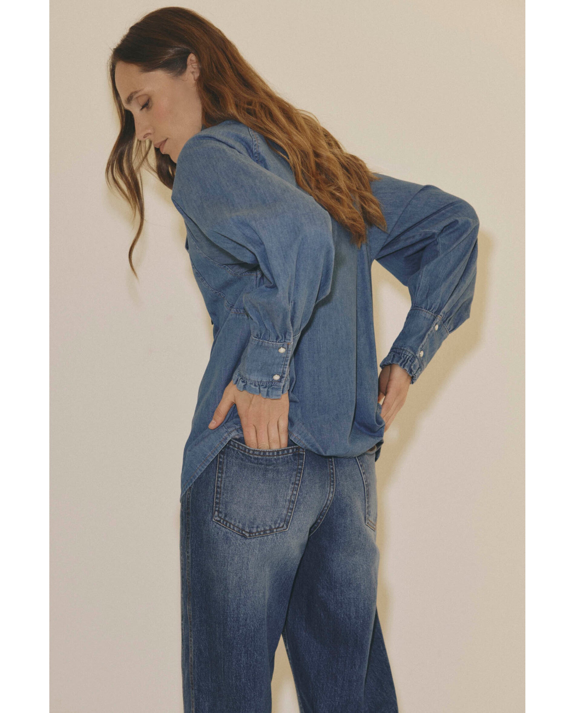 Camisa de mujer denim lazada extraíble - Bimani - Azul denim Azul denim-2
