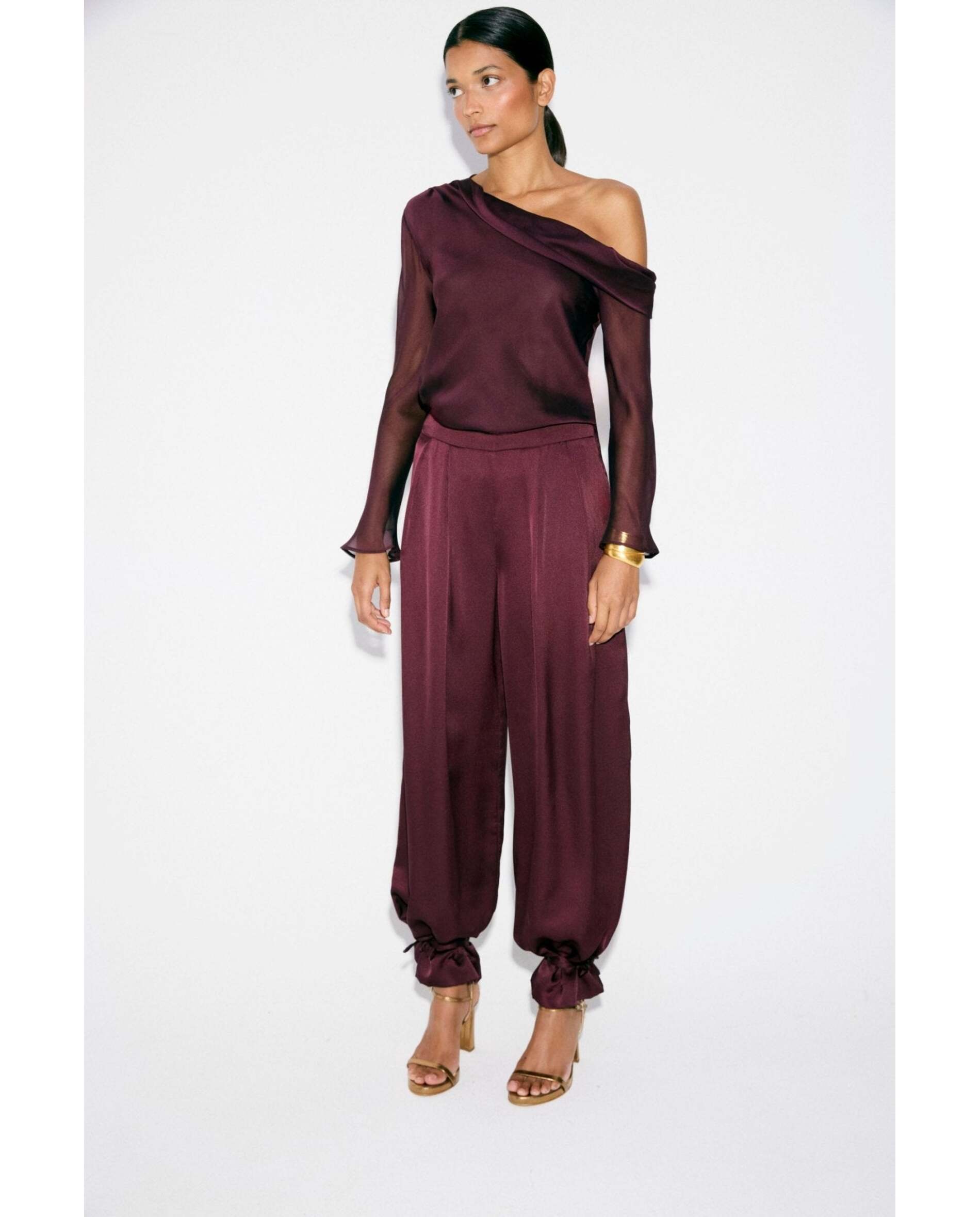 Pantalón de mujer satinado tiro alto - Bimani - Berenjena Berenjena-1