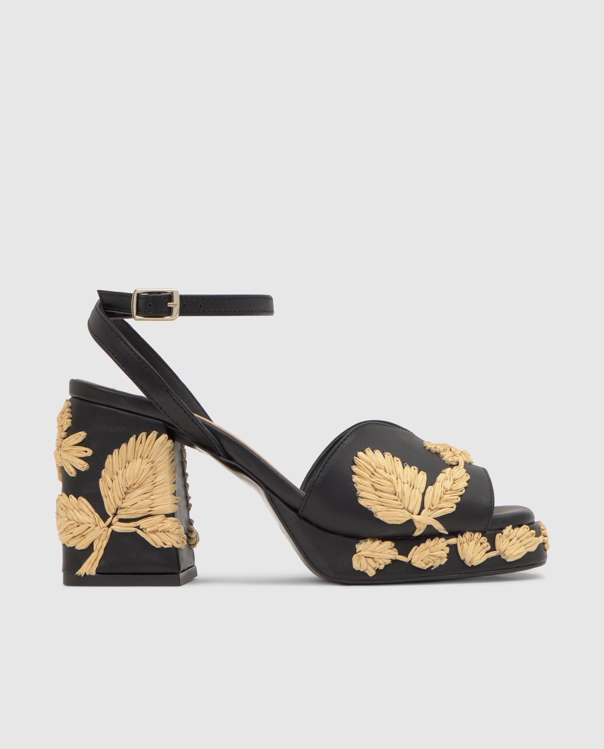 Imagen 0 de Sandalias de tiras de mujer Vasilia con motivos florales bordados y cierre de hebilla Negro / Natural