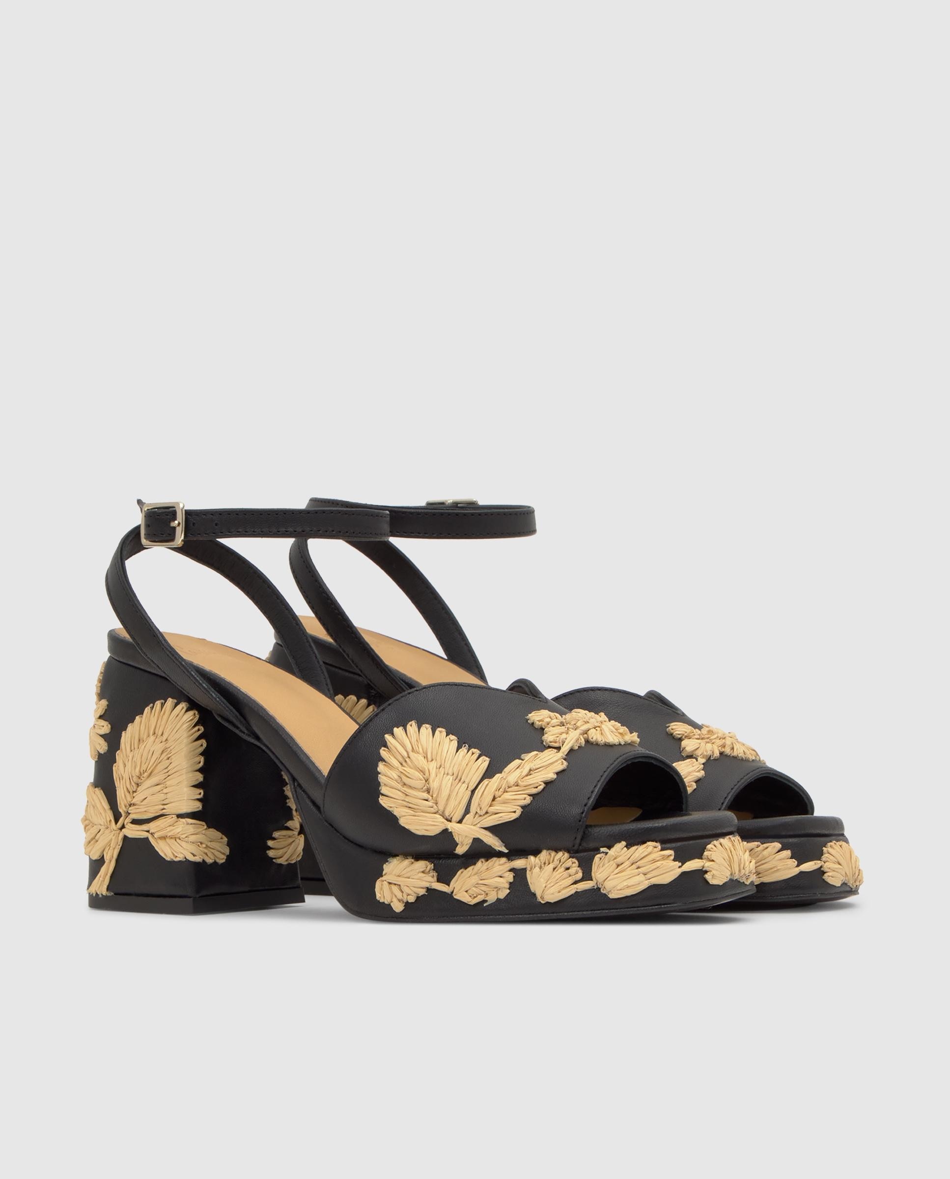 Sandalias de tiras de mujer Vasilia con motivos florales bordados y cierre de hebilla - Castañer - Negro / Natural Negro / Natural-3