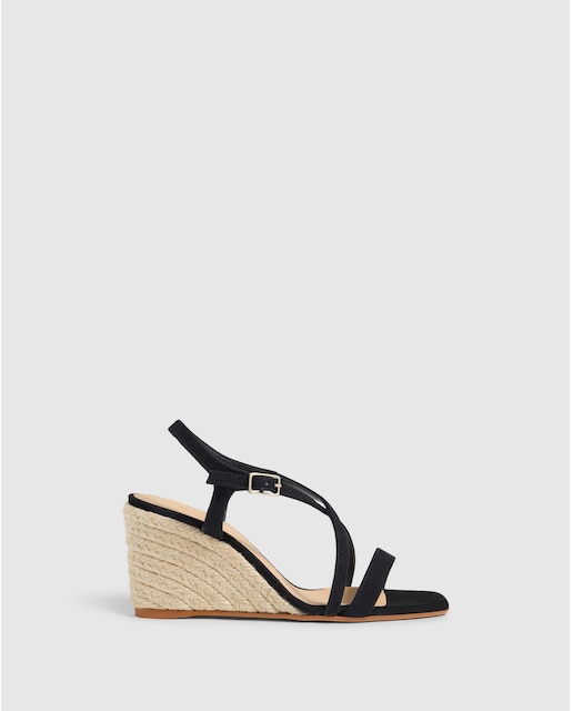 Sandalias de cuña de mujer de color negro y ajuste de tiras finas