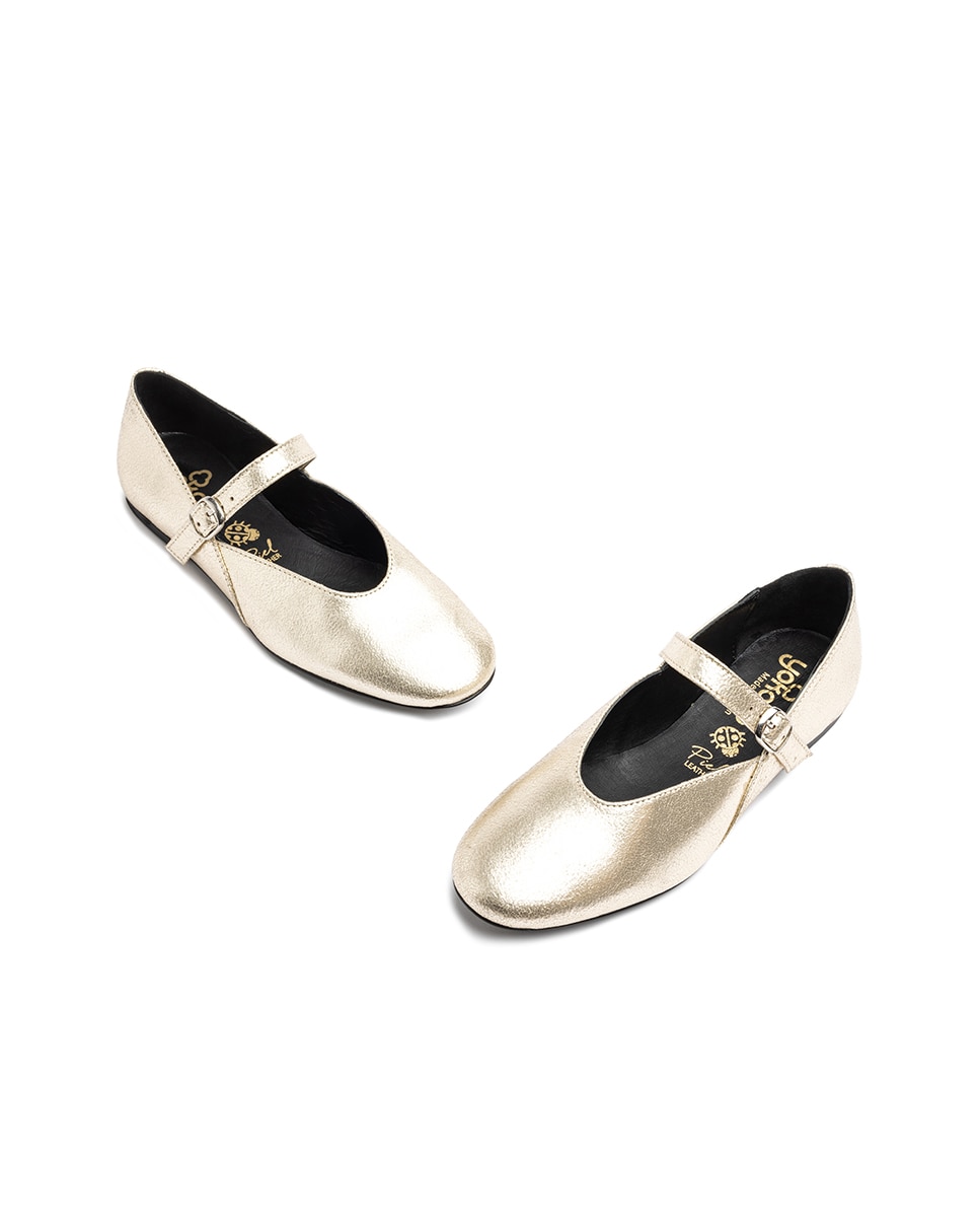 Sapatos Rasos de Pele Ouro-3