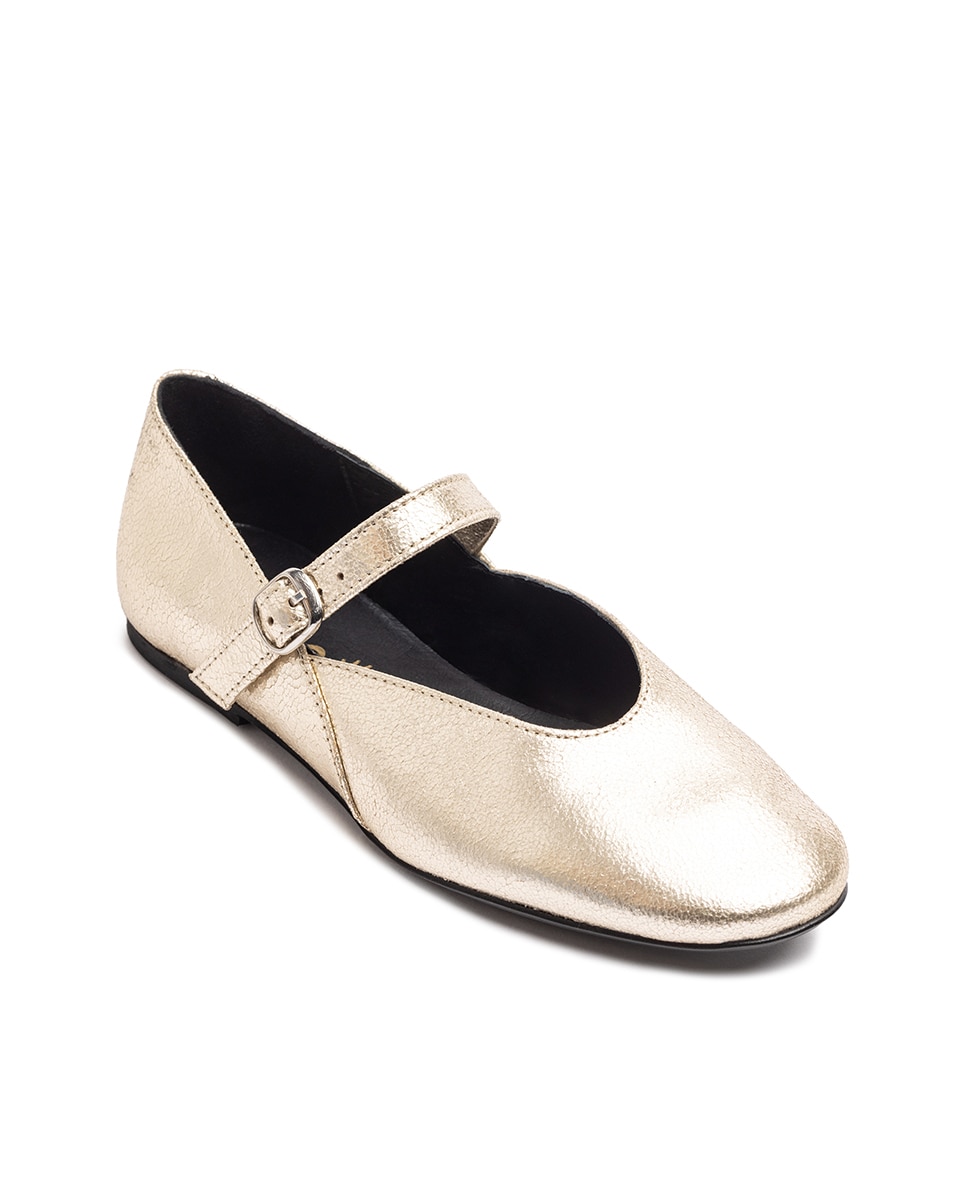 Sapatos Rasos de Pele Ouro-5