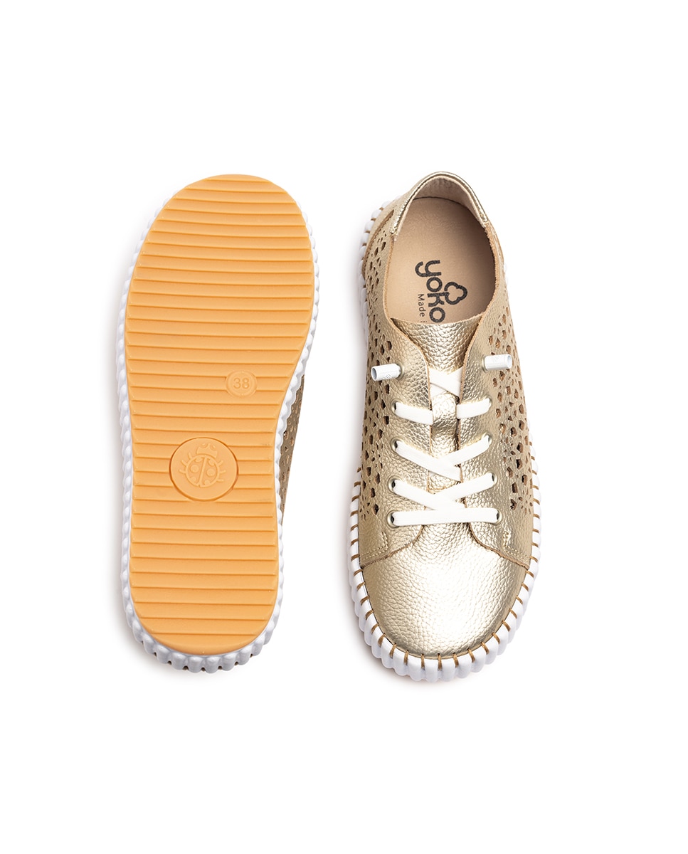 Sapatos de Cordões em Pele Dourado-5