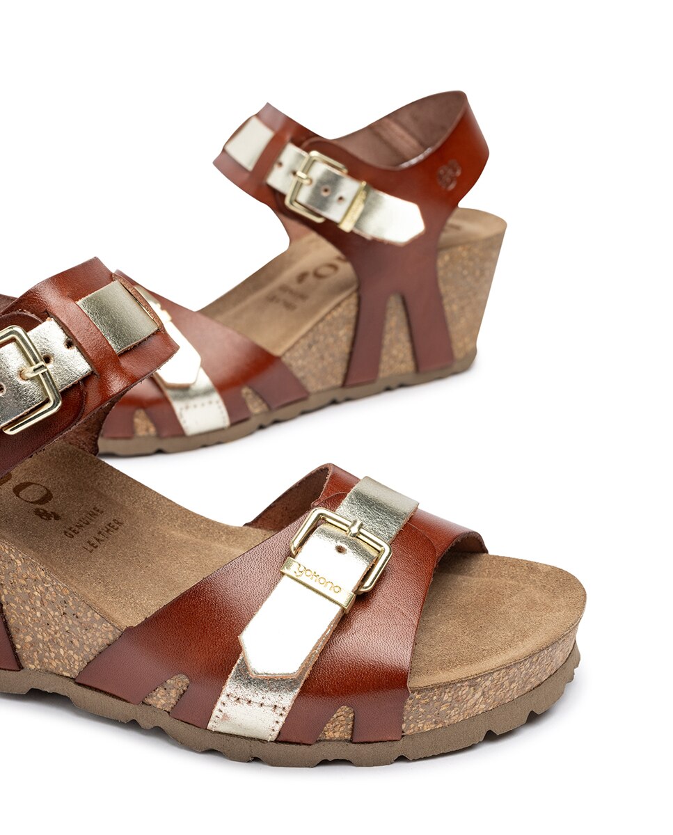 Sandalias de cuña de mujer de piel - Yokono - Marrón Marrón-6