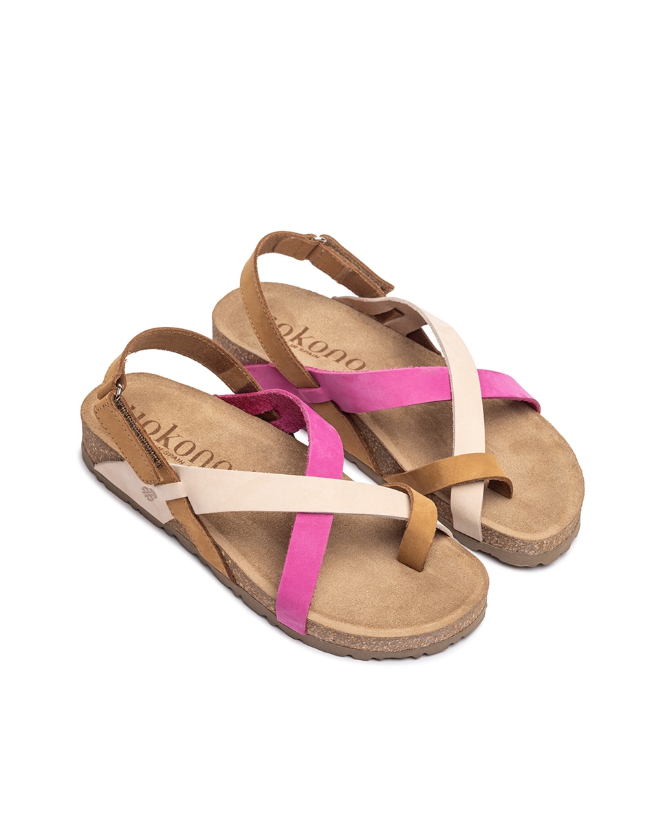 Sandalias planas de mujer de piel - Yokono - Multicolor Beige/Rosa-3