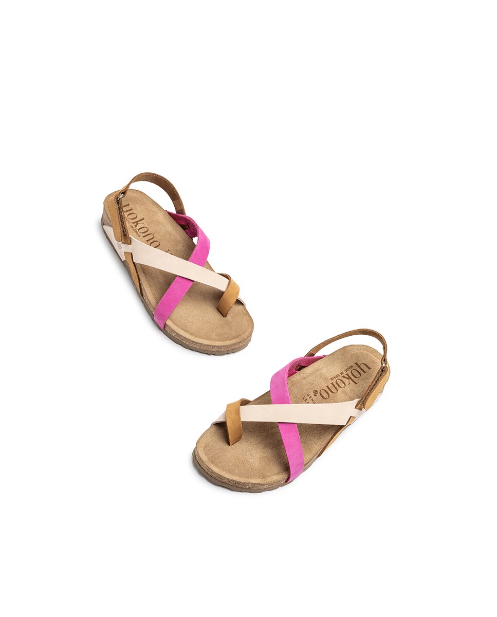 Sandalias planas de mujer de piel - Yokono - Multicolor Beige/Rosa-5