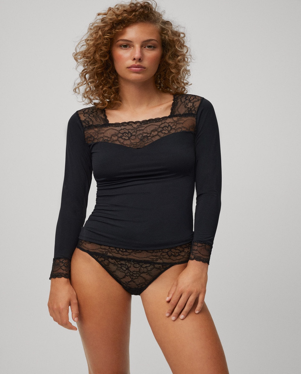 Camiseta manga larga microfibra encaje escote y puños - Ysabel Mora - Negro Negro-2
