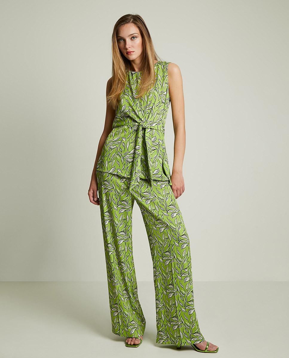 Pantalón fluido de mujer con estampado de hojas - Trucco - Verde Verde-1