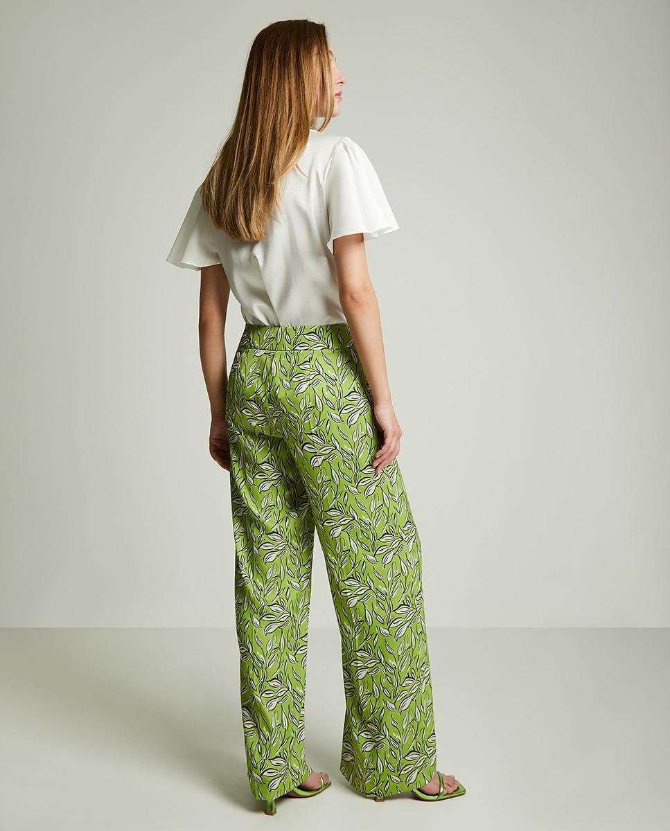 Pantalón fluido de mujer con estampado de hojas - Trucco - Verde Verde-2