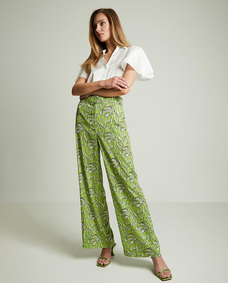 Pantalón fluido de mujer con estampado de hojas - Trucco - Verde Verde-3