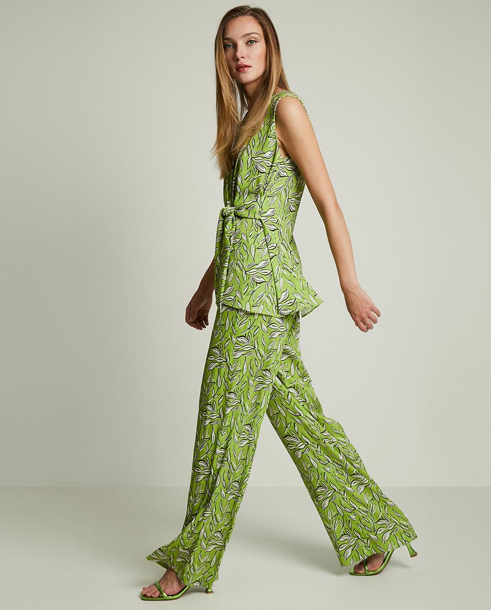 Pantalón fluido de mujer con estampado de hojas - Trucco - Verde Verde-4