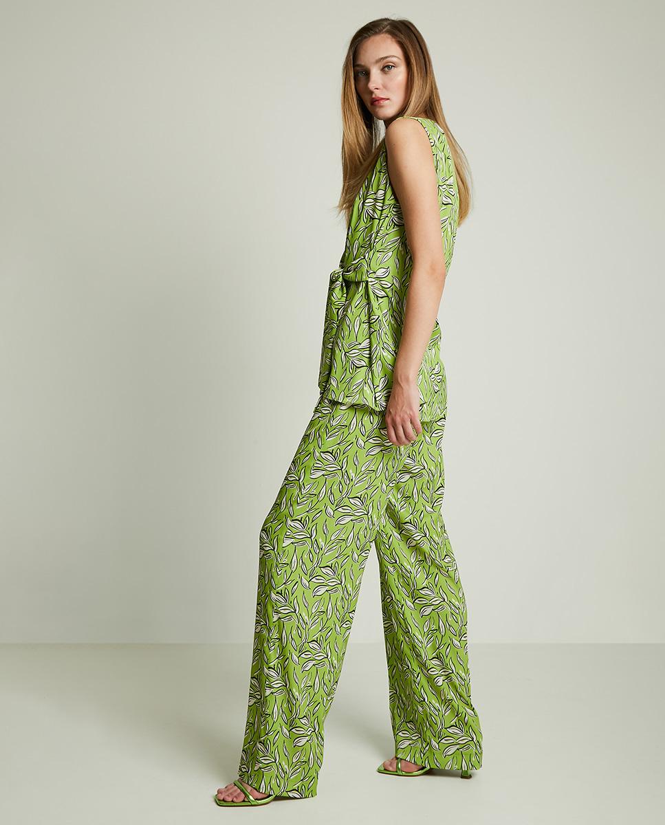Pantalón fluido de mujer con estampado de hojas - Trucco - Verde Verde-5