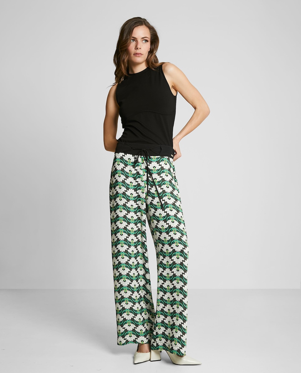 Pantalones Negros Pantalones Anchos De Flores Pantalones Fluidos