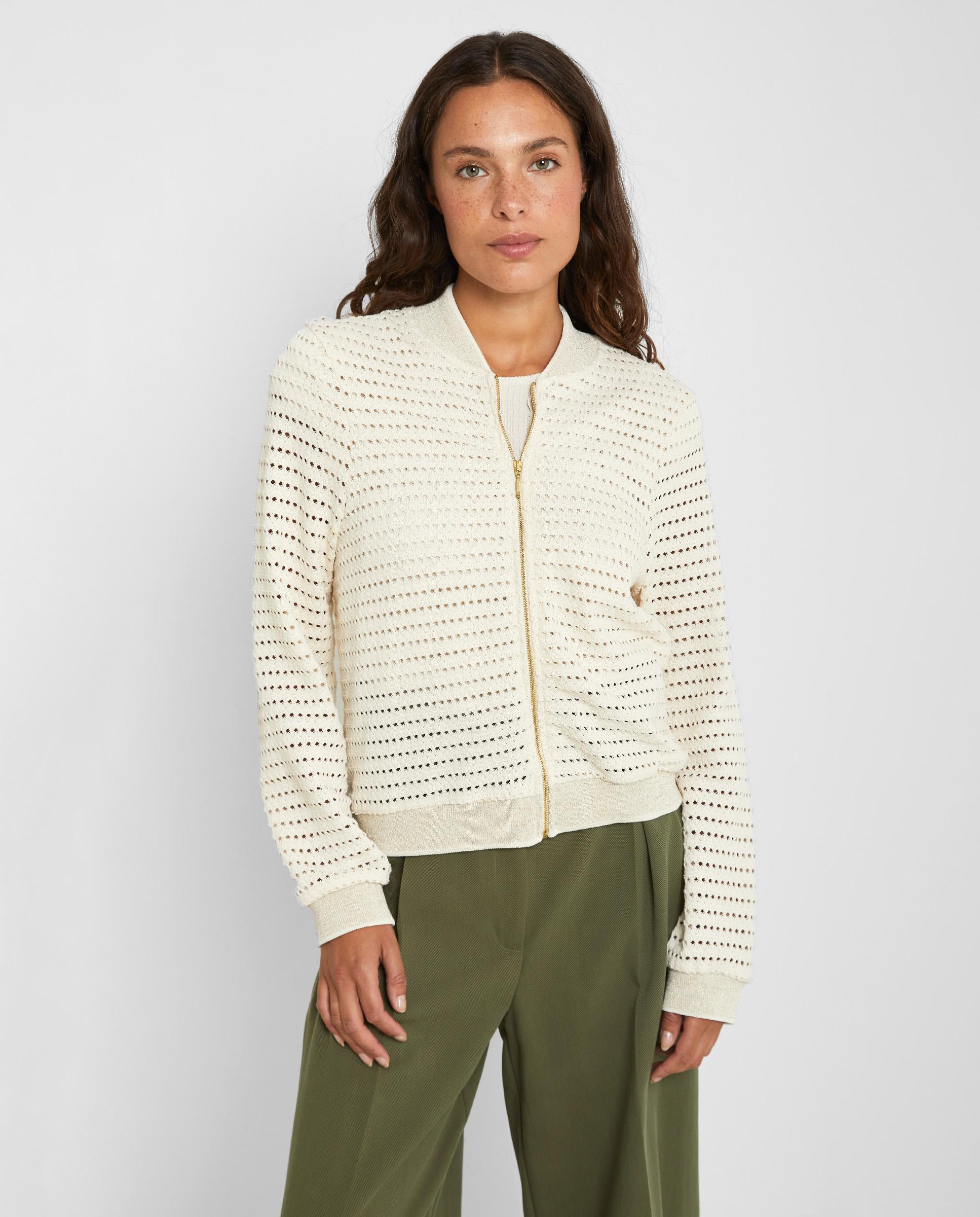 Bomber de mujer de tejido calado con cremallera - Trucco - Blanco Blanco-1