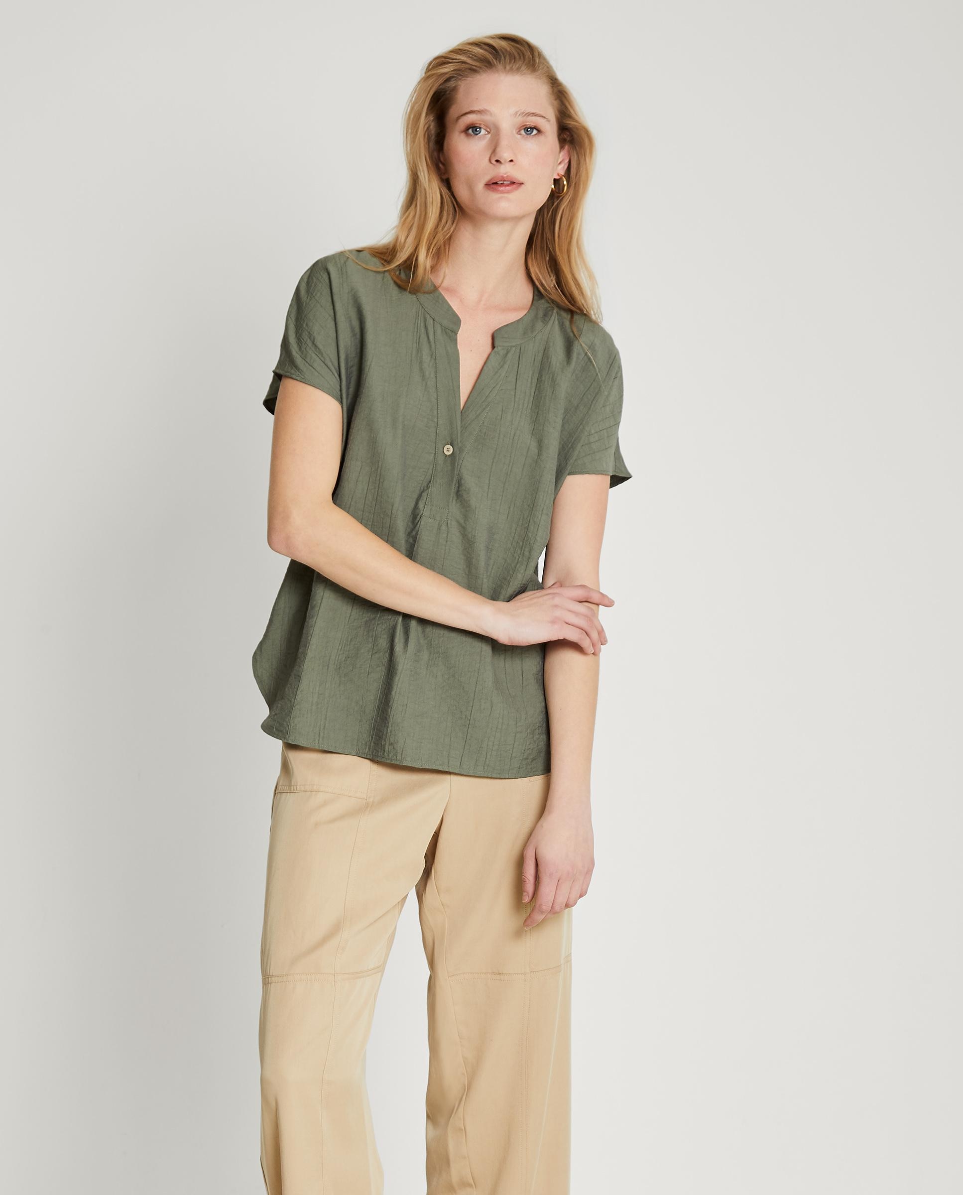 Blusa de mujer de manga corta con cuello mao - Trucco - Verde oscuro Verde oscuro-1