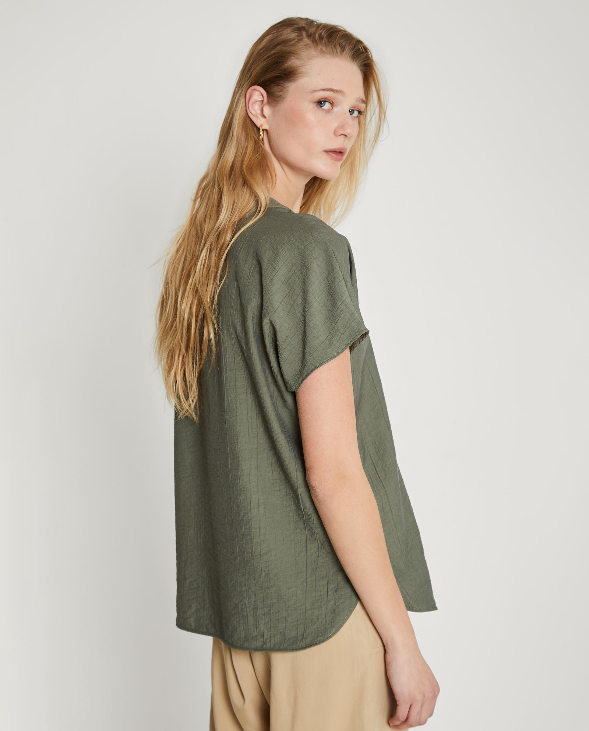 Blusa de mujer de manga corta con cuello mao - Trucco - Verde oscuro Verde oscuro-2