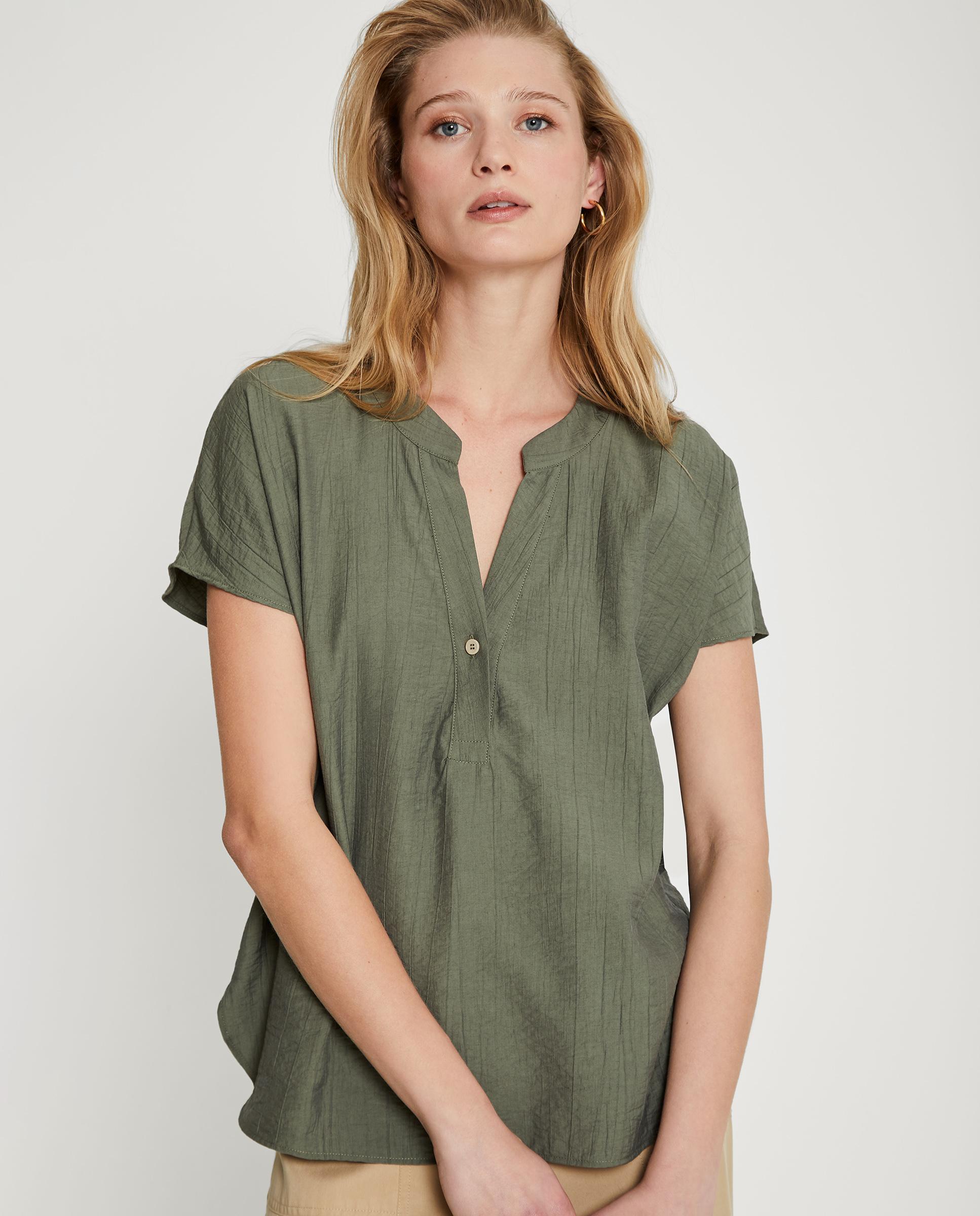 Blusa de mujer de manga corta con cuello mao - Trucco - Verde oscuro Verde oscuro-3