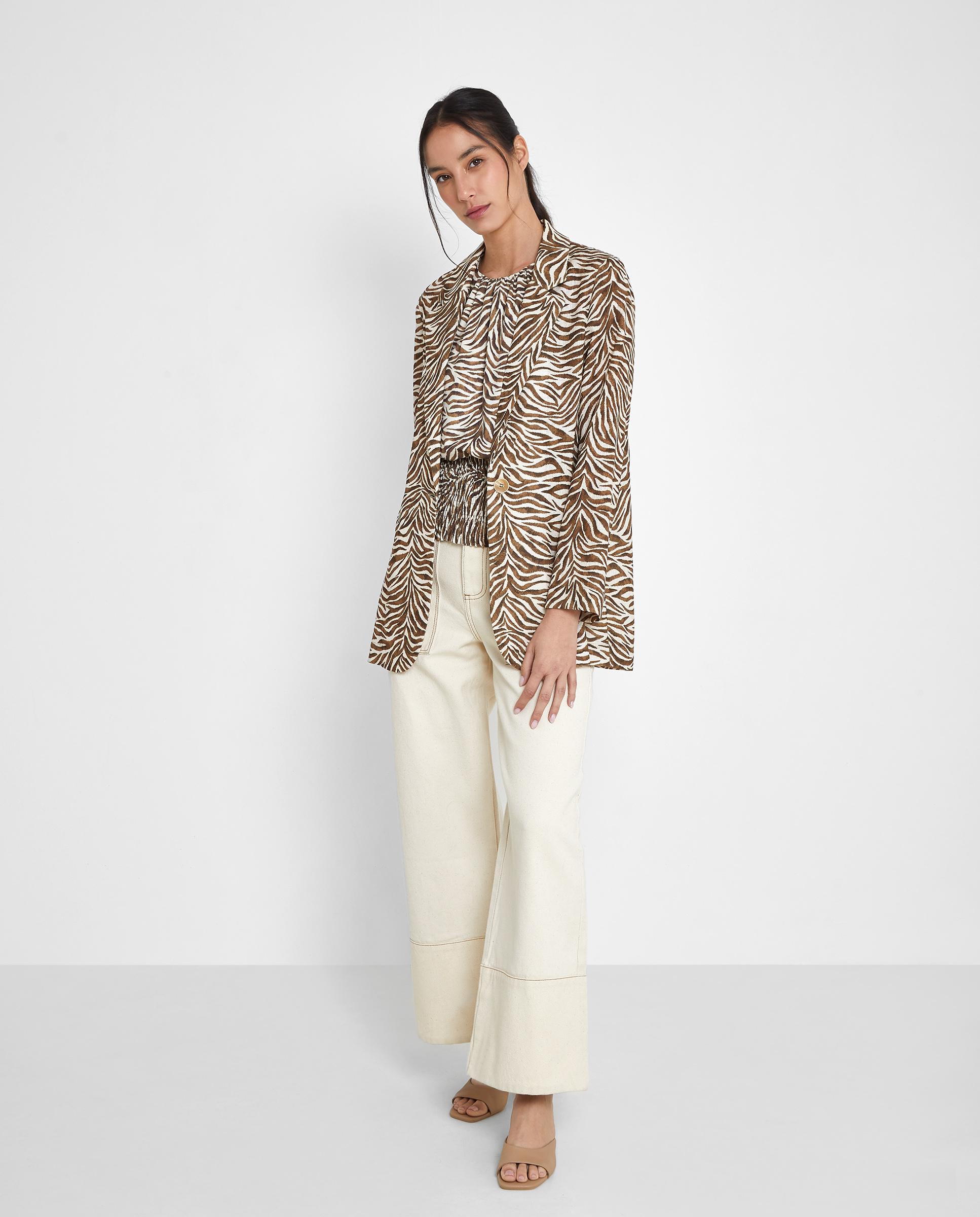 Blazer de mujer con cuello solapa y estampado - Trucco - Marrón / Blanco roto Marrón / Blanco roto-3